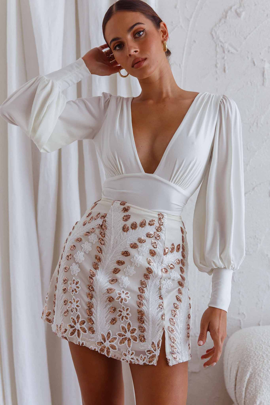 Late Nights Sequin Embellished Mini Skirt White by Selfie Leslie