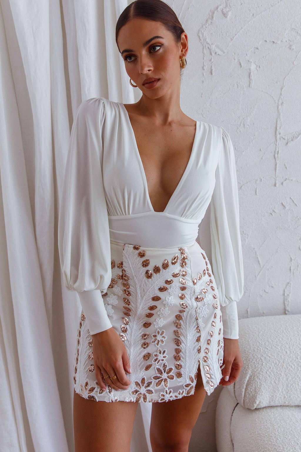 Late Nights Sequin Embellished Mini Skirt White by Selfie Leslie