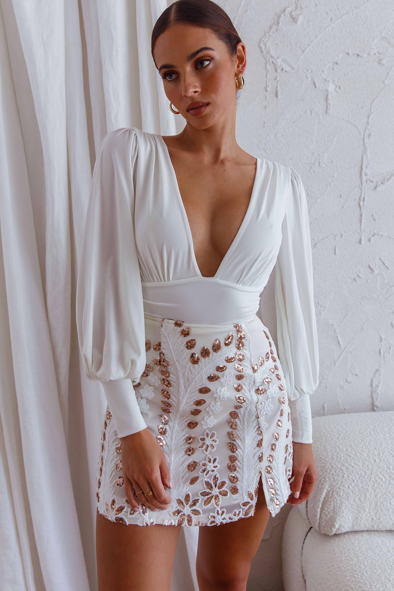 Late Nights Sequin Embellished Mini Skirt White by Selfie Leslie