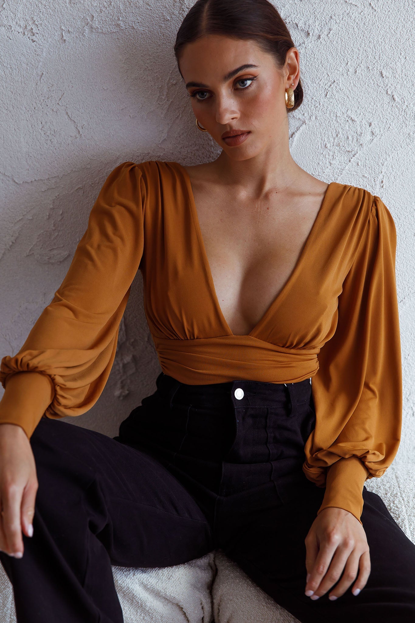 Sunsets In Tahiti Deep V-Neckline Lantern Sleeve Bodysuit Tan by Selfie Leslie
