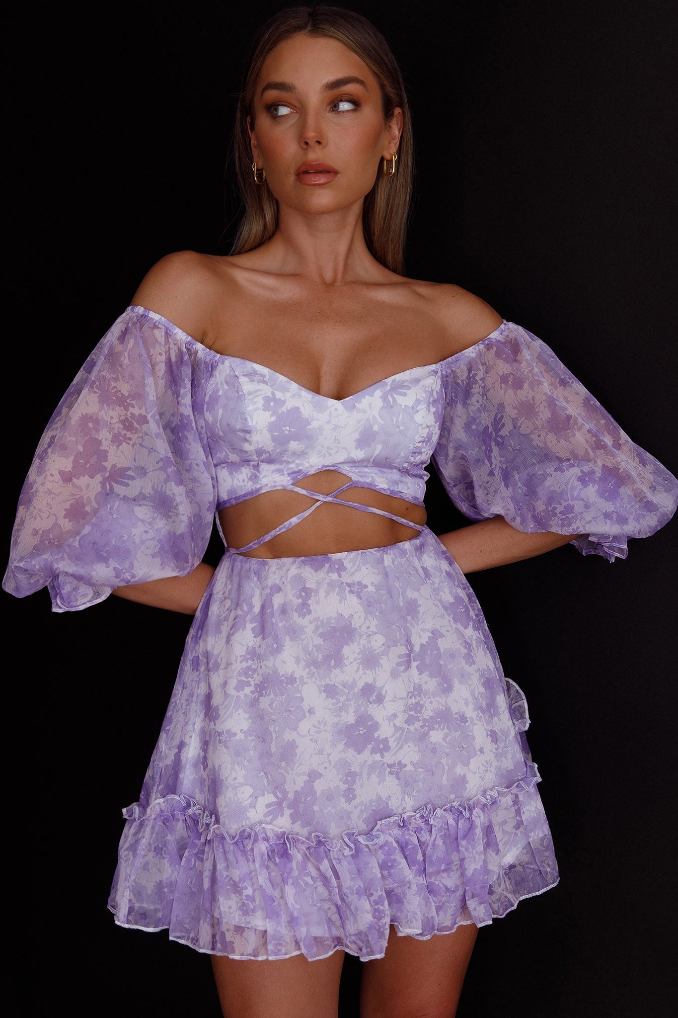 Alethea Puff Sleeve Cut-Out Waist Dress Floral Print Lilac by Selfie Leslie