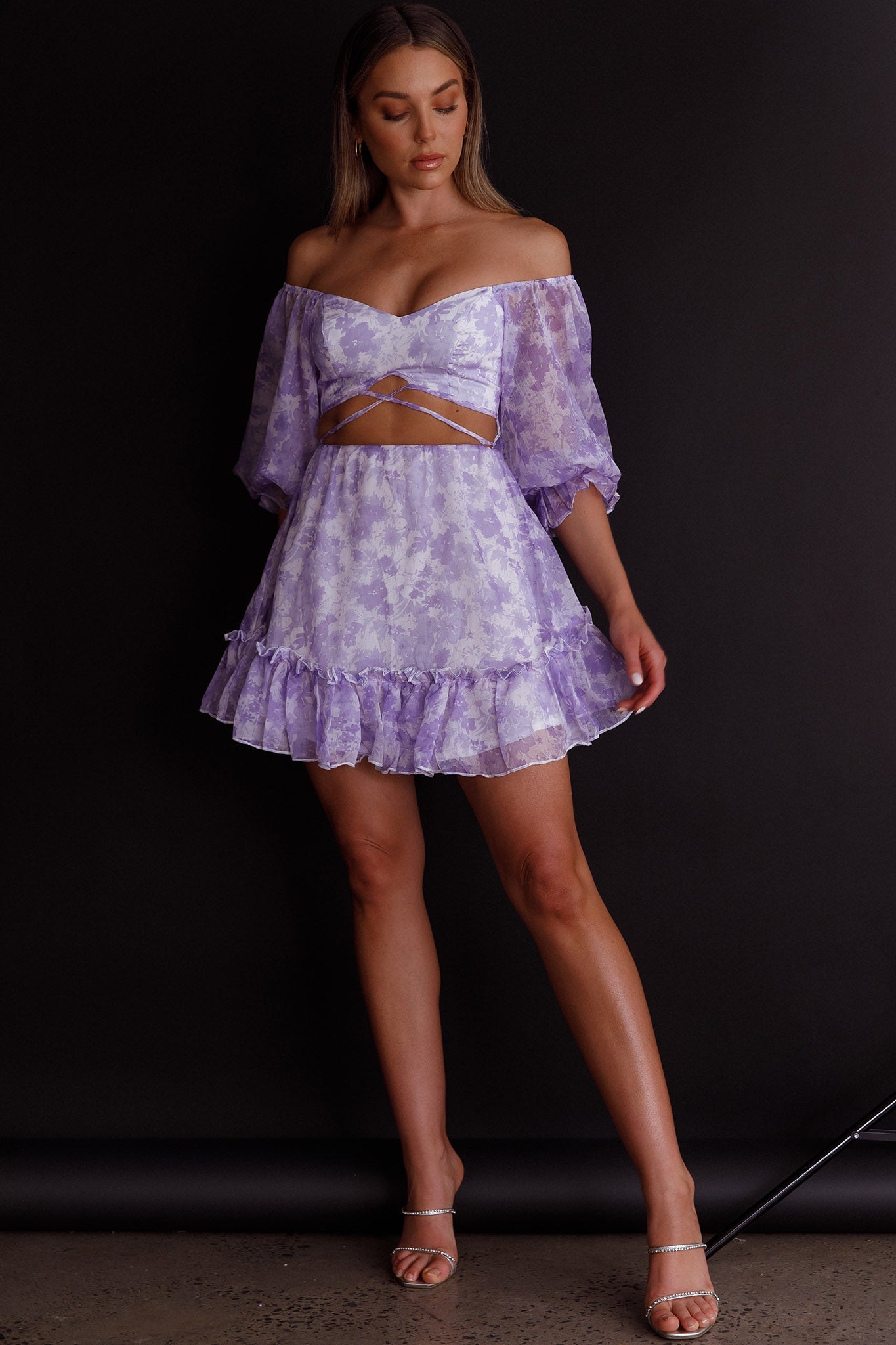 Alethea Puff Sleeve Cut-Out Waist Dress Floral Print Lilac by Selfie Leslie
