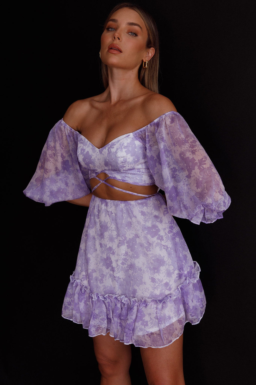 Alethea Puff Sleeve Cut-Out Waist Dress Floral Print Lilac by Selfie Leslie