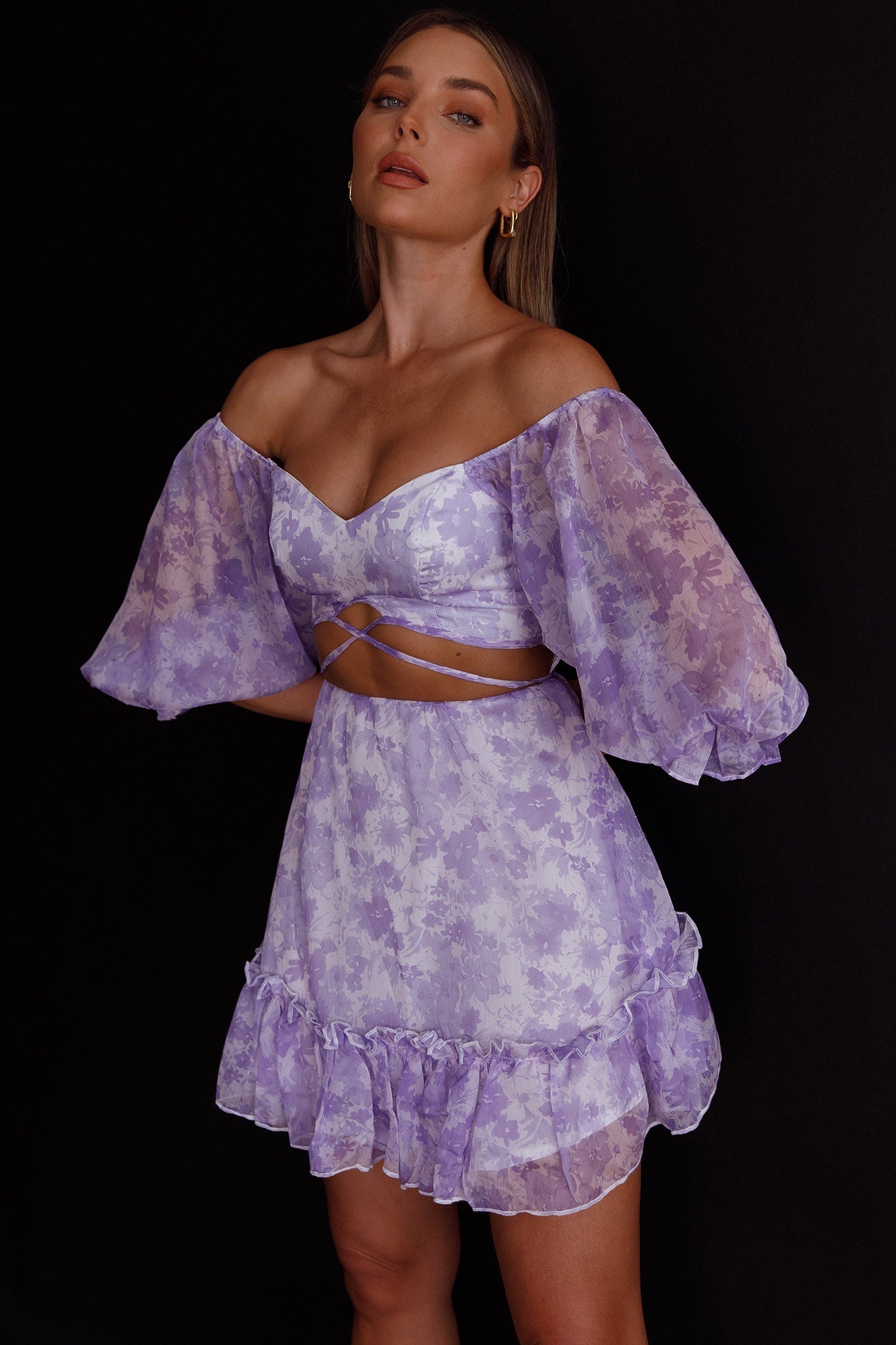 Alethea Puff Sleeve Cut-Out Waist Dress Floral Print Lilac by Selfie Leslie