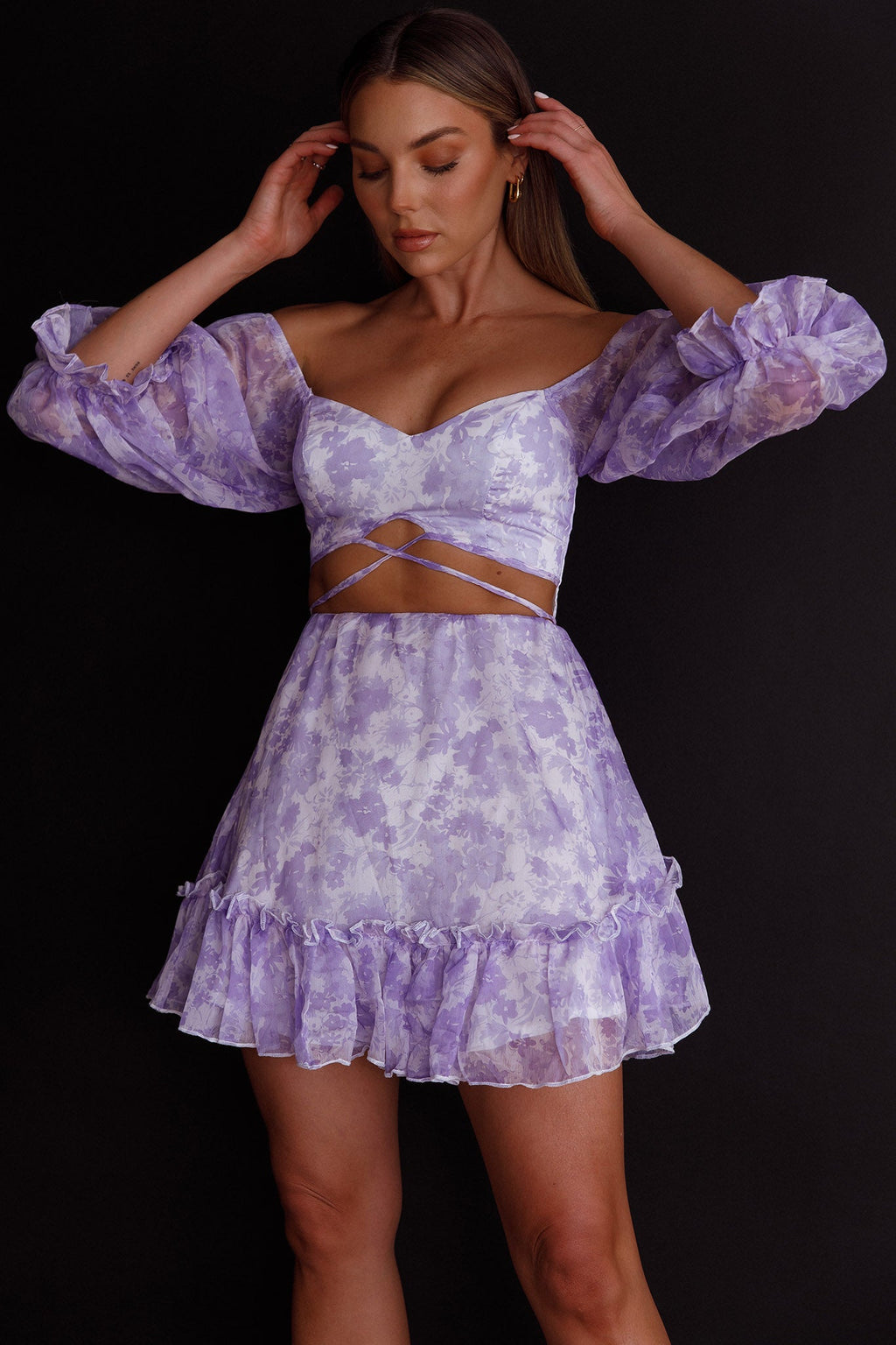 Alethea Puff Sleeve Cut-Out Waist Dress Floral Print Lilac by Selfie Leslie