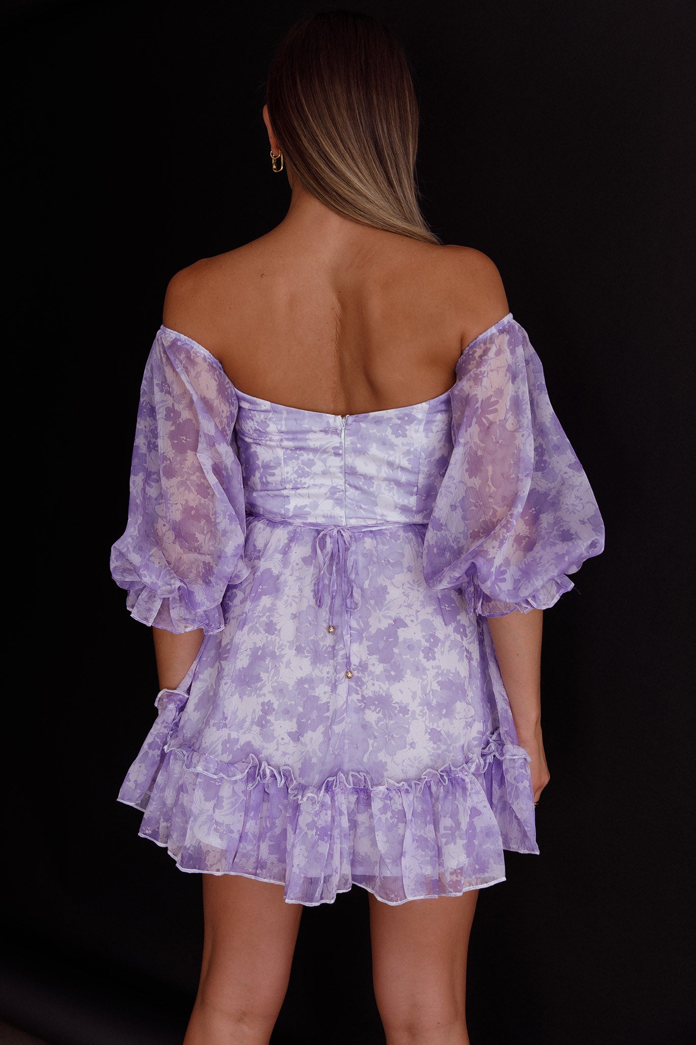 Alethea Puff Sleeve Cut-Out Waist Dress Floral Print Lilac by Selfie Leslie