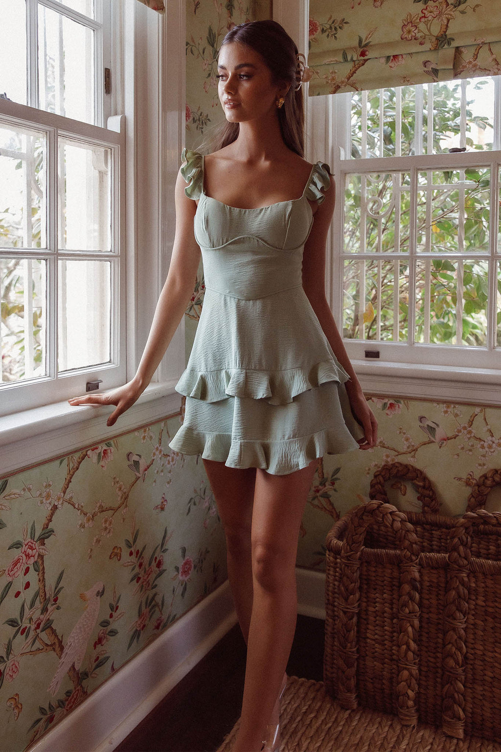 Moonlit Moment Ruffle Trim Piping Detail Lace-Up Back Dress Sage by Selfie Leslie Australia