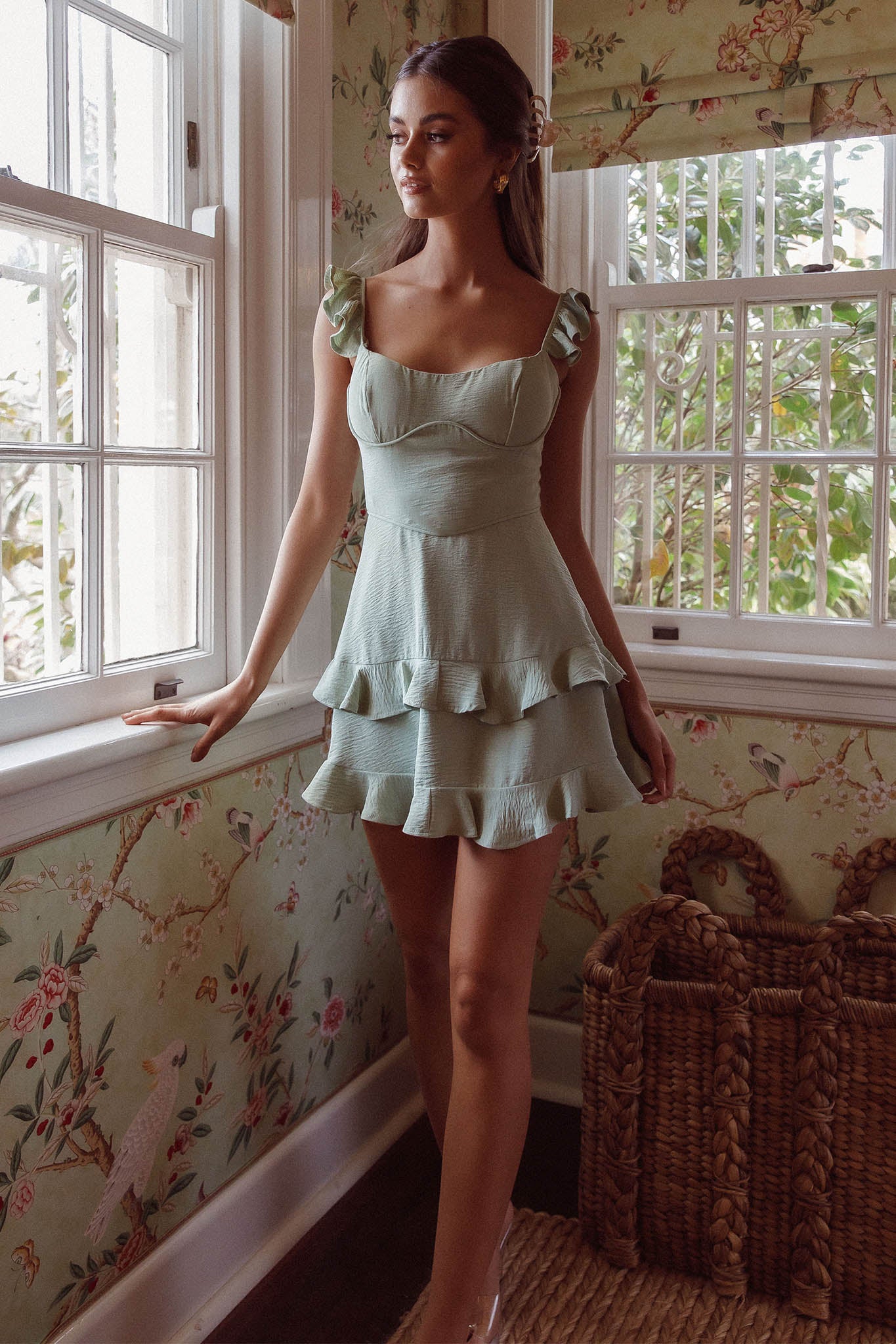 Moonlit Moment Ruffle Trim Piping Detail Lace-Up Back Dress Sage by Selfie Leslie Australia