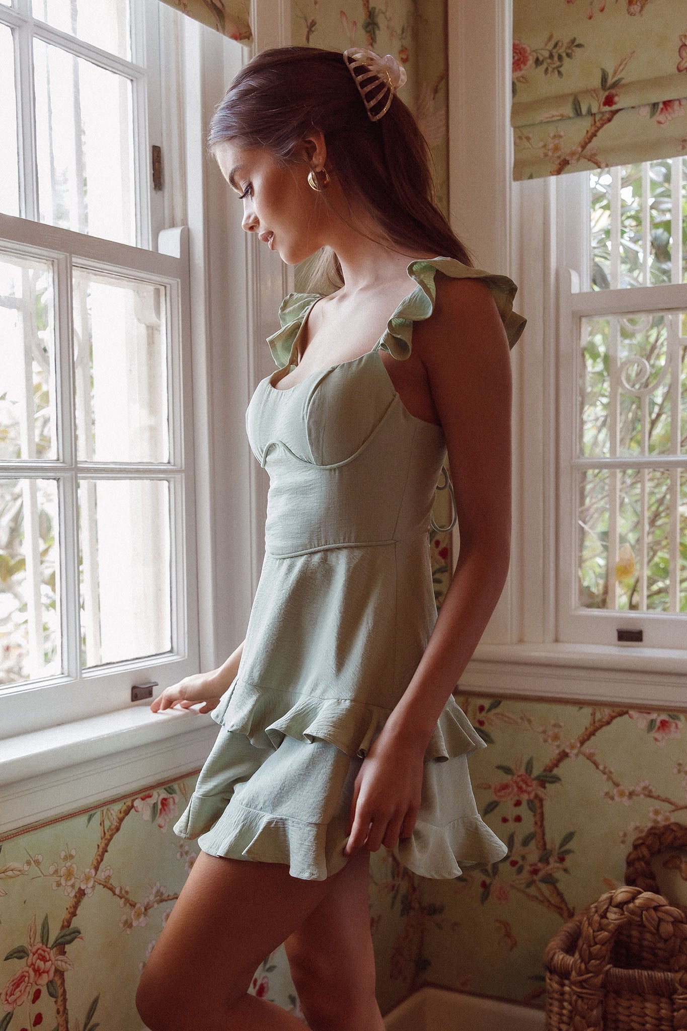 Moonlit Moment Ruffle Trim Piping Detail Lace-Up Back Dress Sage by Selfie Leslie Australia