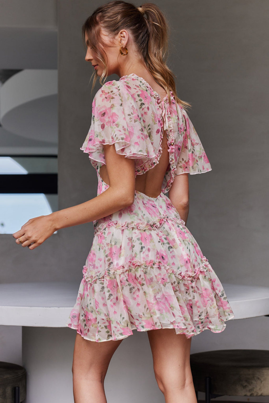 Tres Chic Flutter Sleeve Cut-Out Dress Floral Pink by Selfie Leslie