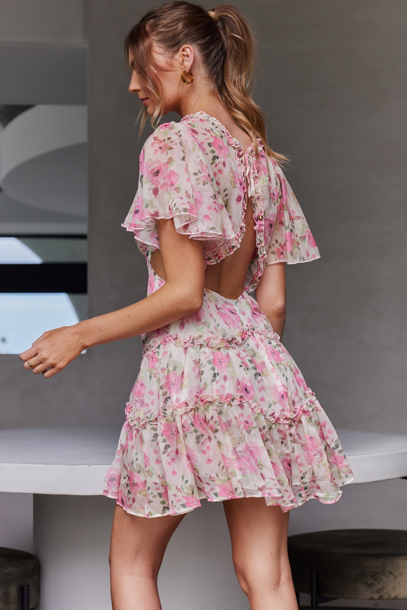 Tres Chic Flutter Sleeve Cut-Out Dress Floral Pink by Selfie Leslie