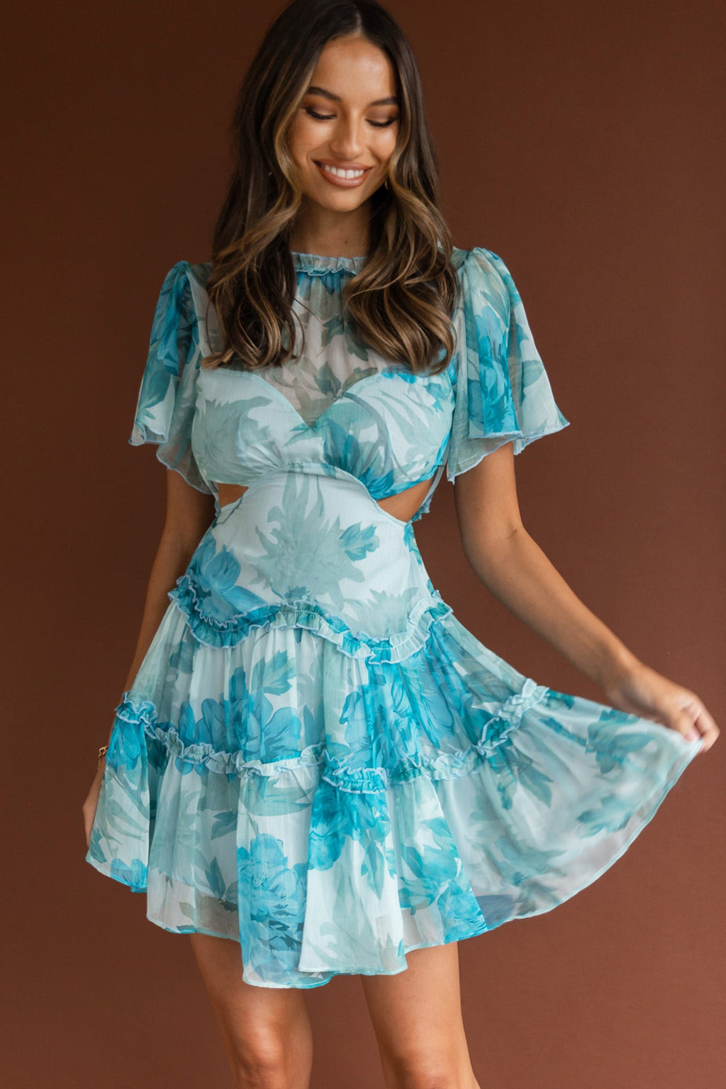 Tres Chic Flutter Sleeve Cut-Out Dress Botanical Blue by Selfie Leslie