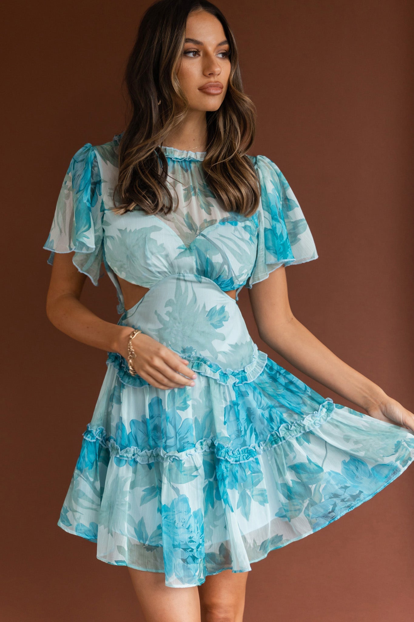 Tres Chic Flutter Sleeve Cut-Out Dress Botanical Blue by Selfie Leslie