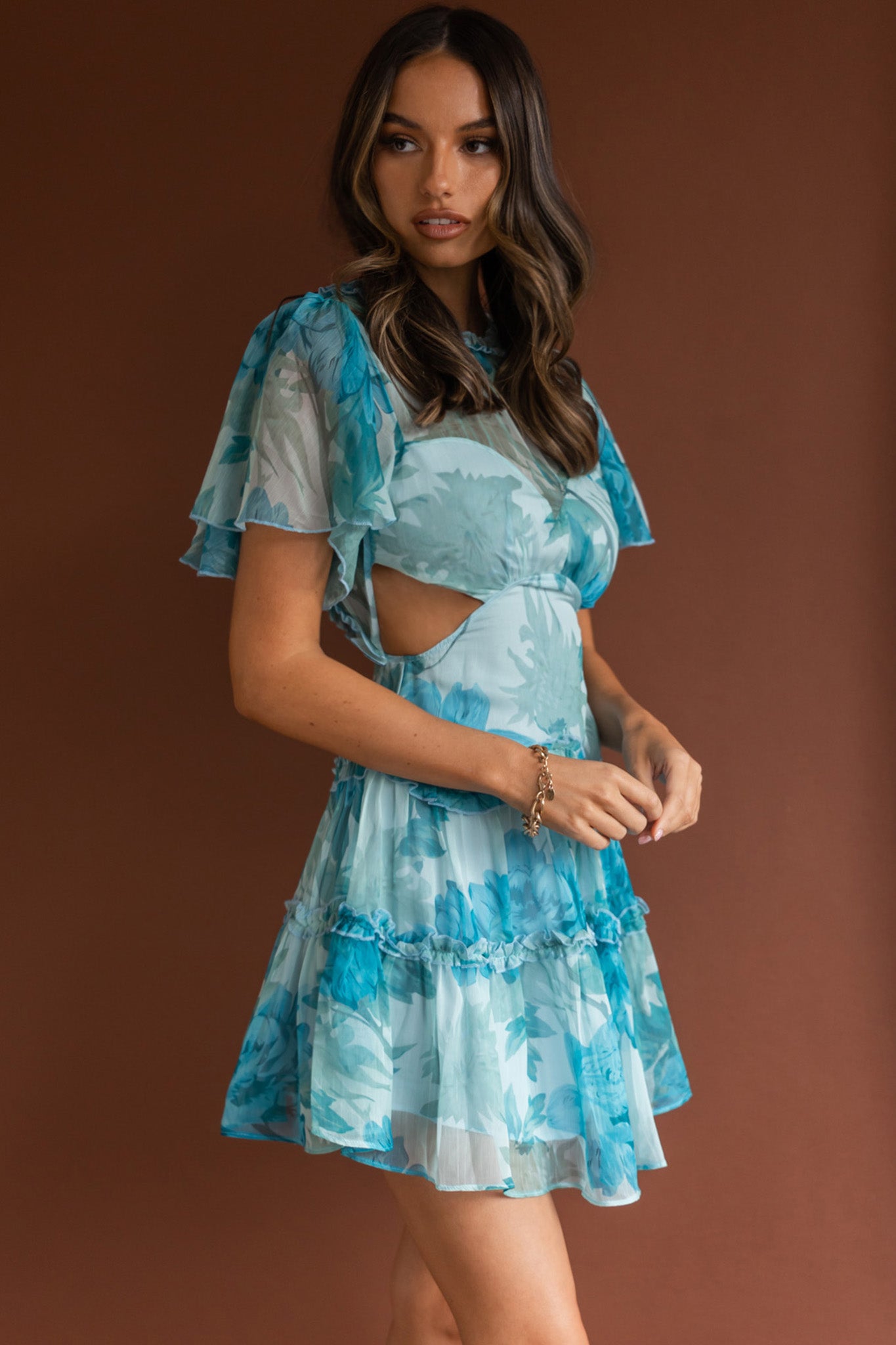Tres Chic Flutter Sleeve Cut-Out Dress Botanical Blue by Selfie Leslie