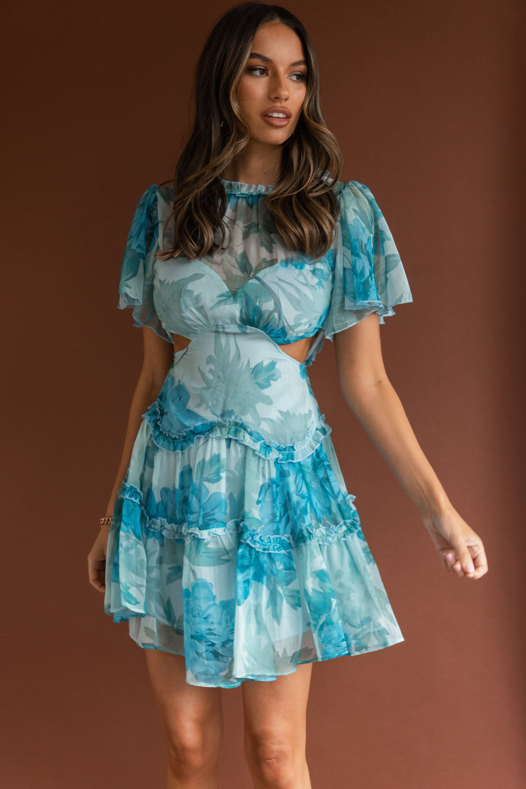 Tres Chic Flutter Sleeve Cut-Out Dress Botanical Blue by Selfie Leslie