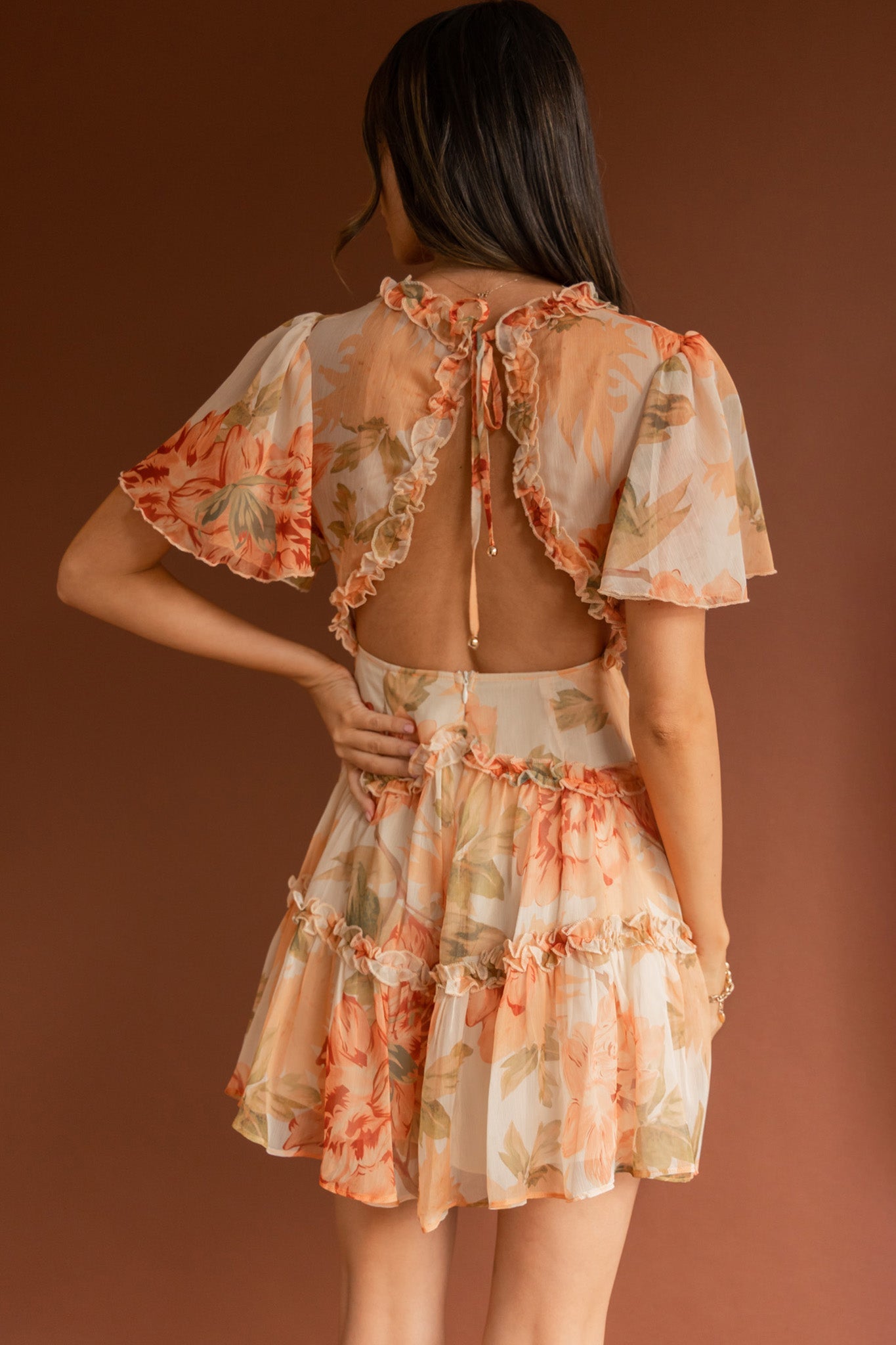 Tres Chic Flutter Sleeve Cut-Out Dress Botanical Tangerine by Selfie Leslie