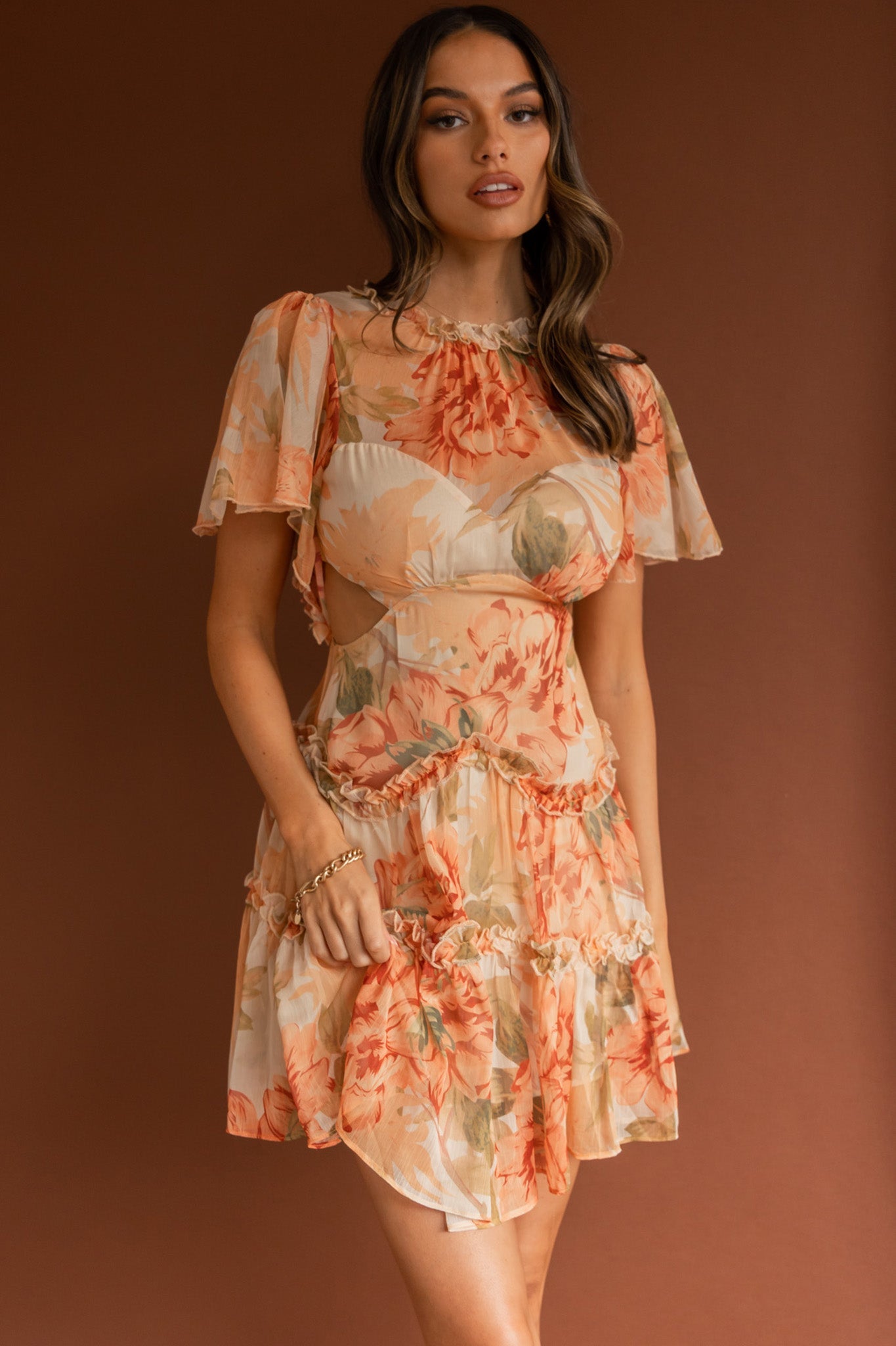 Tres Chic Flutter Sleeve Cut-Out Dress Botanical Tangerine by Selfie Leslie