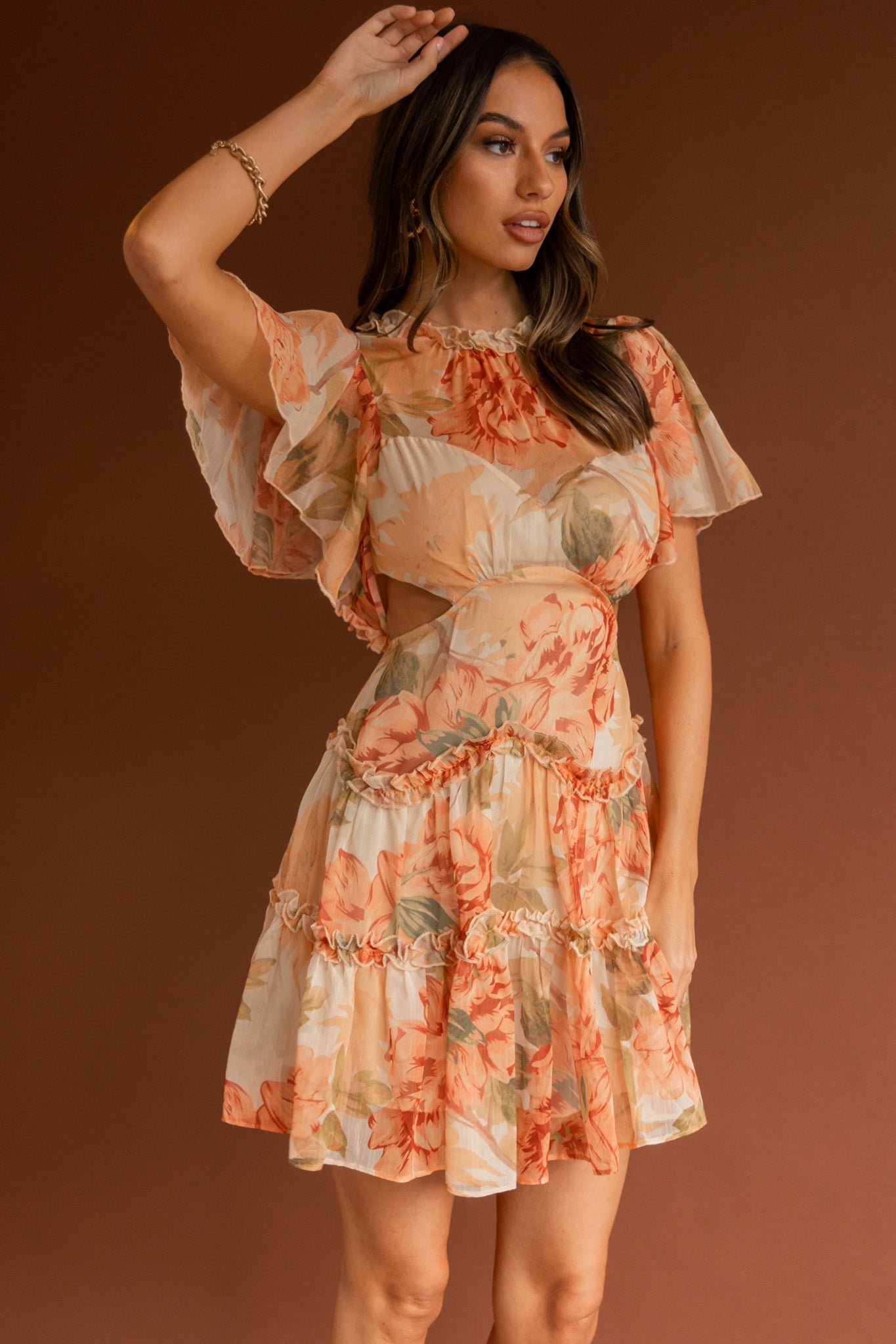 Tres Chic Flutter Sleeve Cut-Out Dress Botanical Tangerine by Selfie Leslie