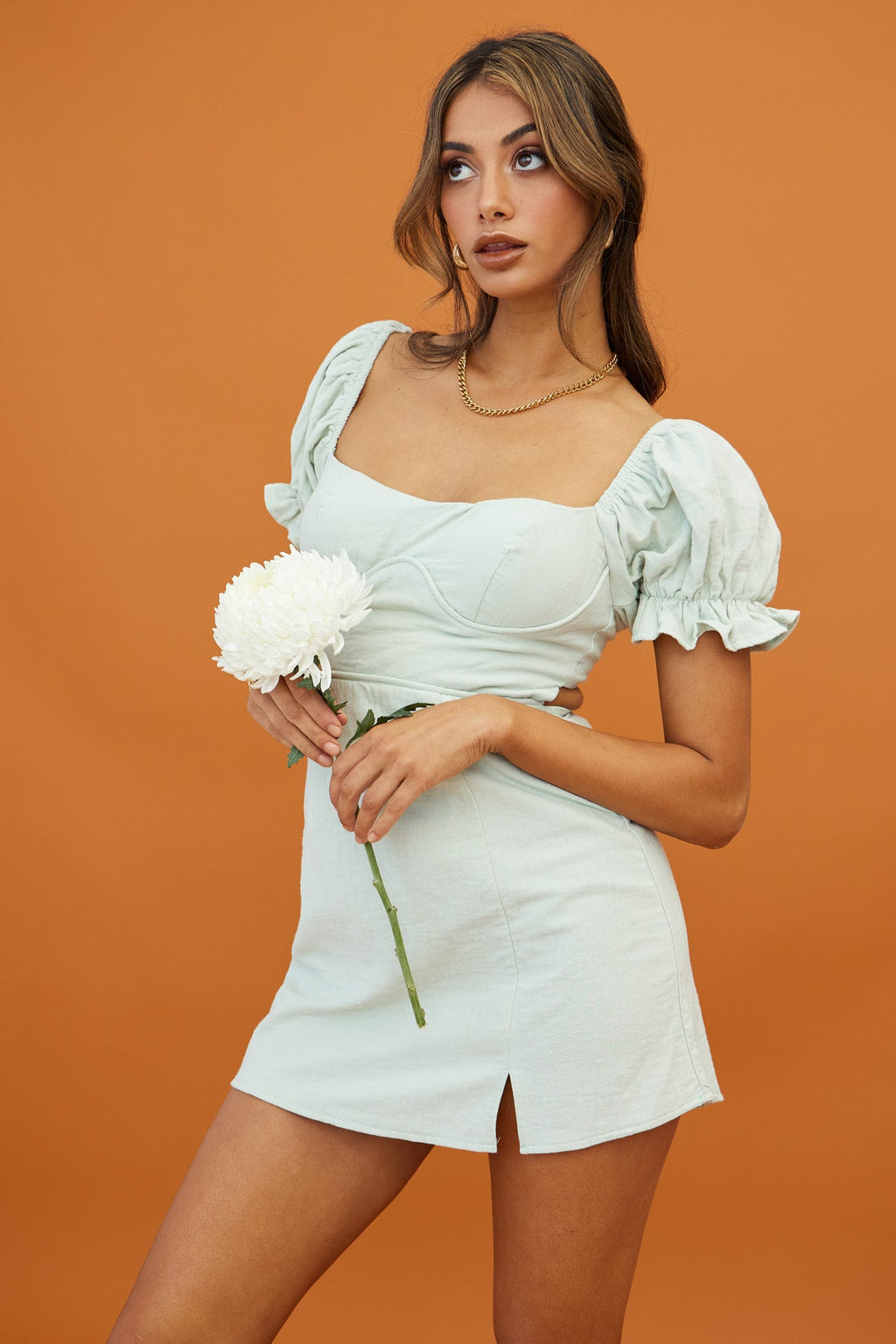 Norma Jean Puff Sleeve Piping Trim Mini Dress Sage by Selfie Leslie