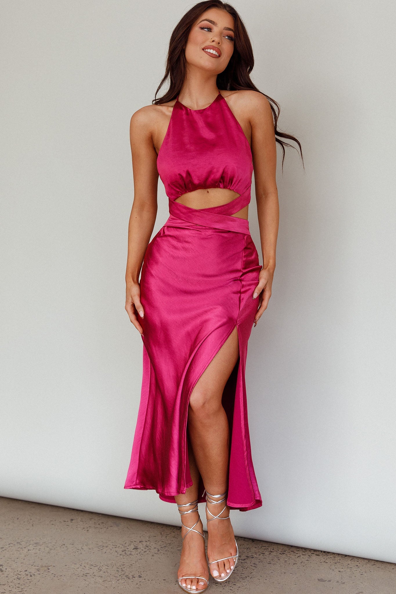 Social Butterfly Cut-Out Waist Midi Dress Fuchsia by Selfie Leslie