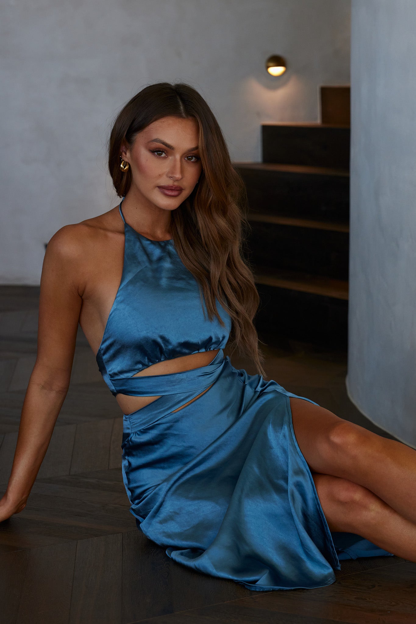 Social Butterfly Cut-Out Waist Midi Dress Midnight Blue by Selfie Leslie Australia