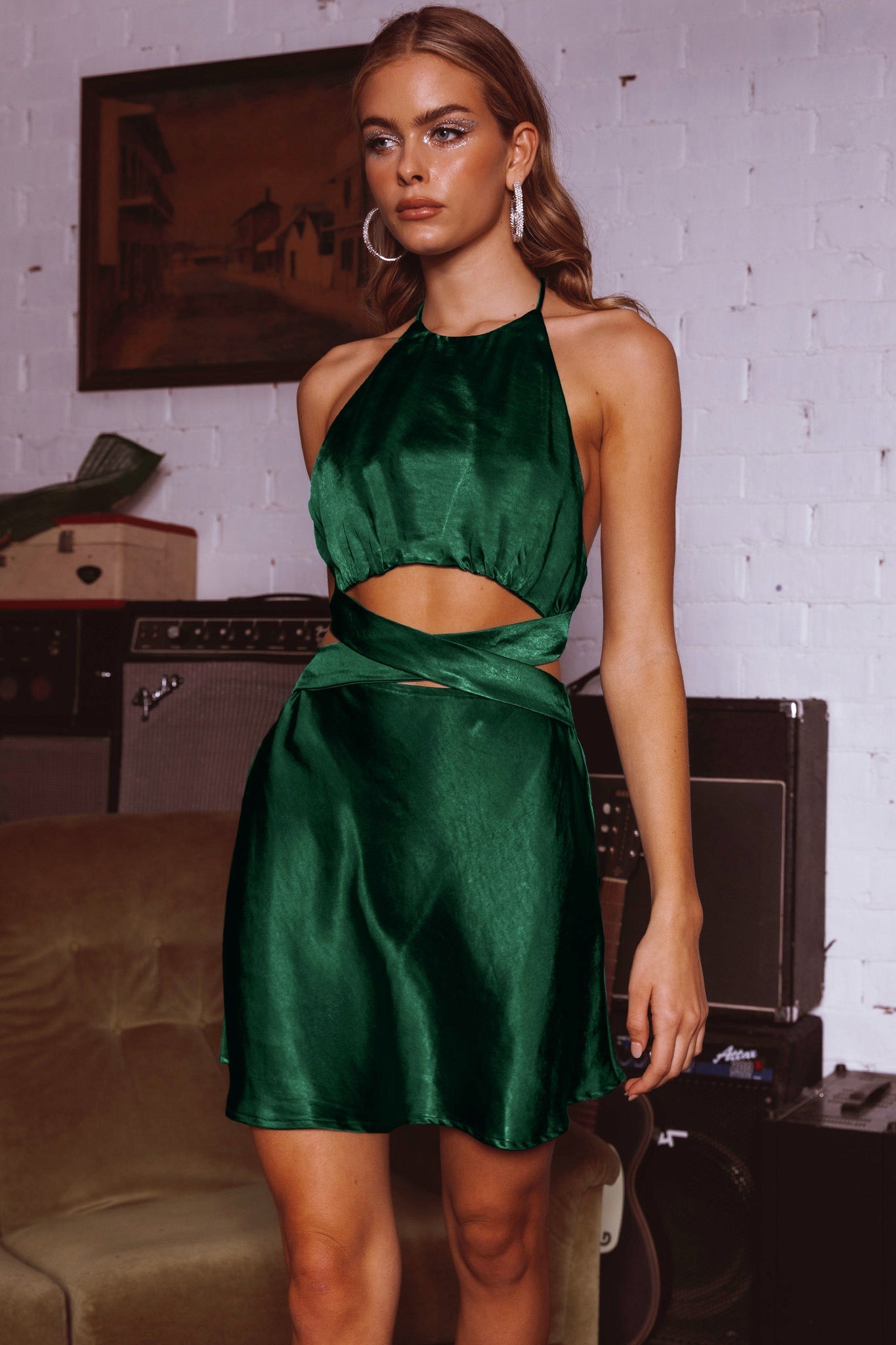 Social Butterfly Cut-Out Waist Mini Dress Forest Green by Selfie Leslie