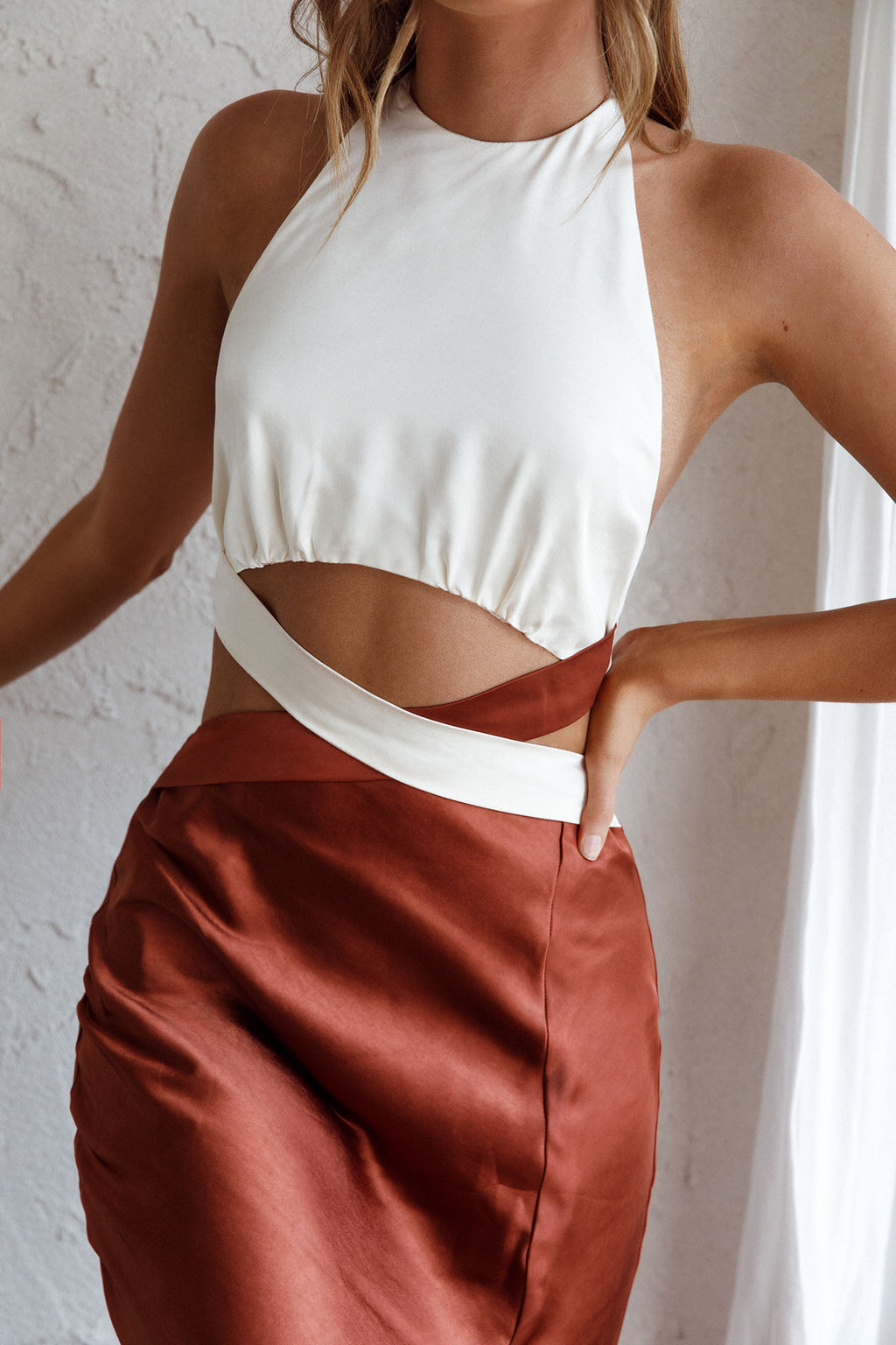 Social Butterfly Cut-Out Waist Midi Dress White Brown by Selfie Leslie Australia
