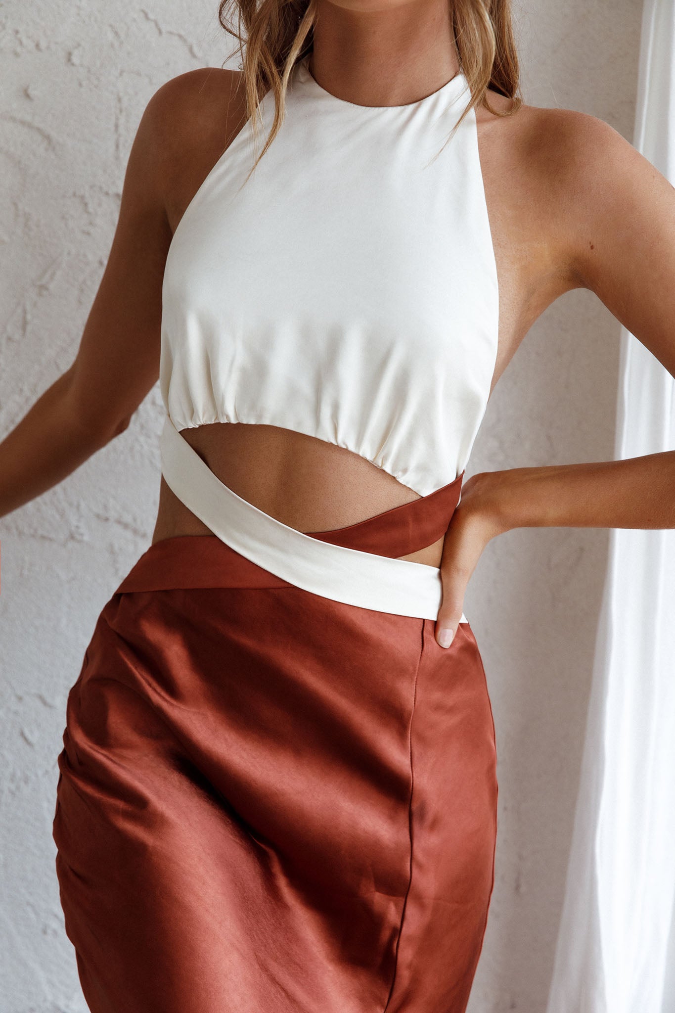 Social Butterfly Cut-Out Waist Midi Dress White Brown by Selfie Leslie Australia