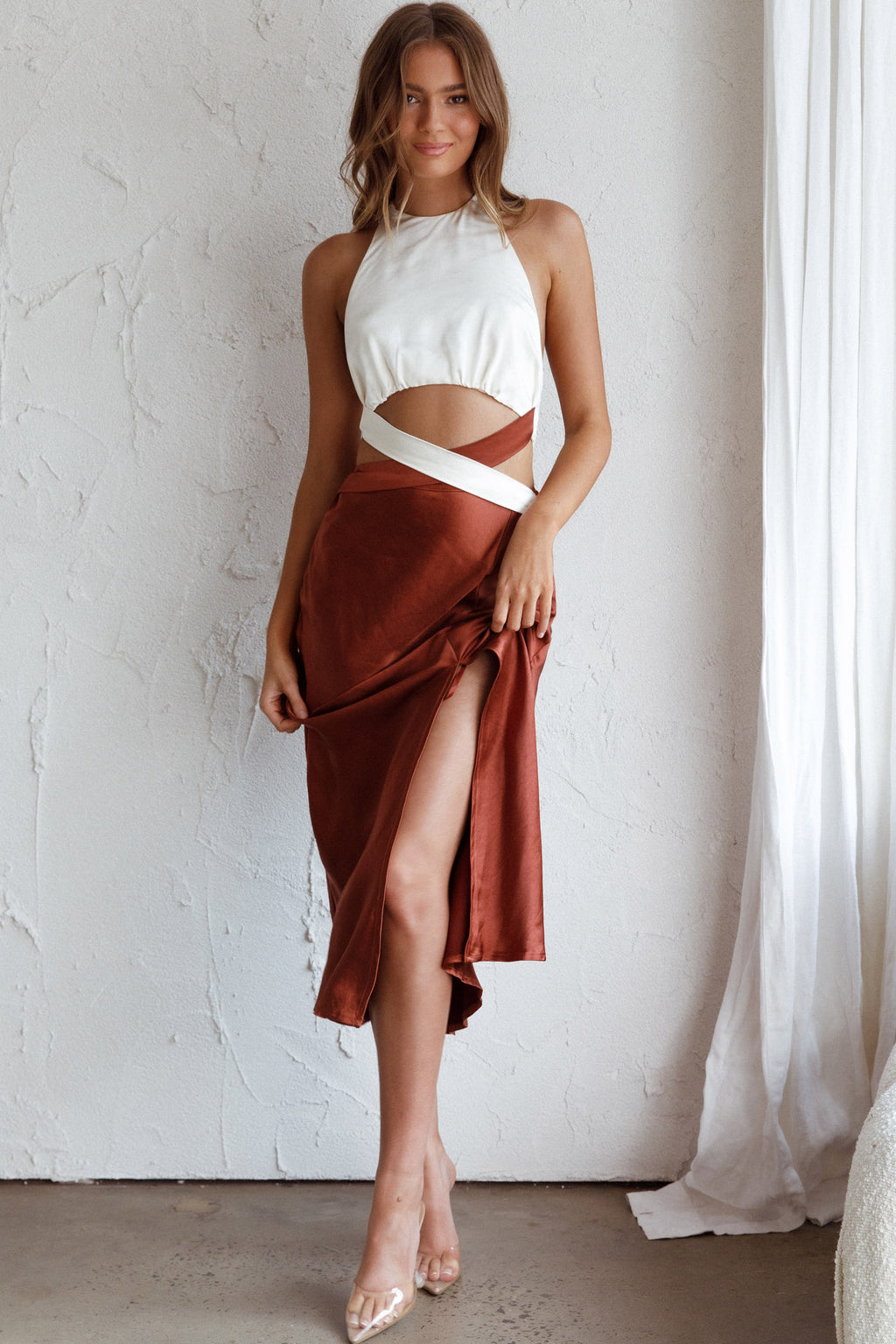 Social Butterfly Cut-Out Waist Midi Dress White Brown by Selfie Leslie Australia