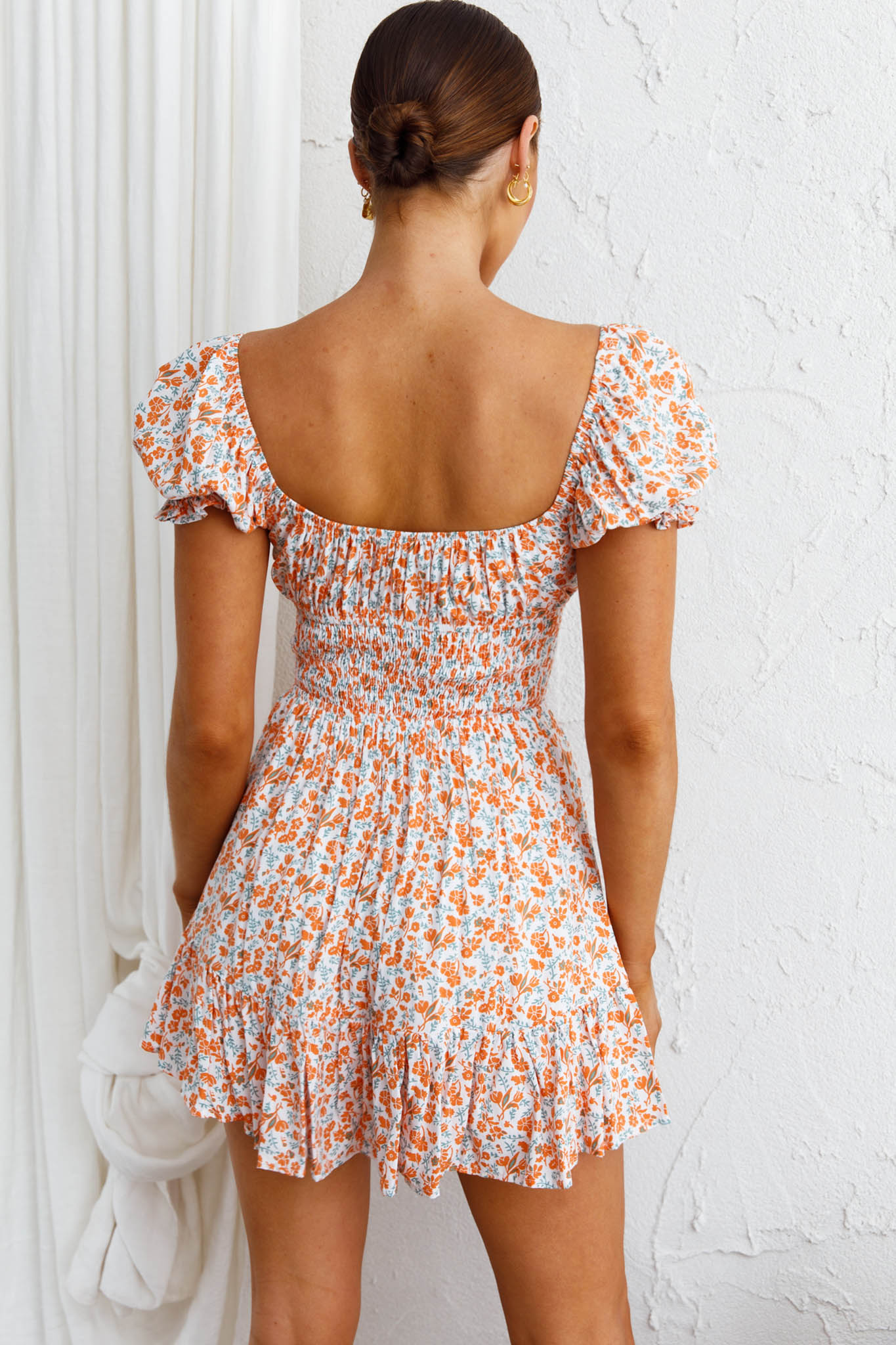Amilie Shirred Waist Sundress Dainty Floral Orange by Selfie Leslie