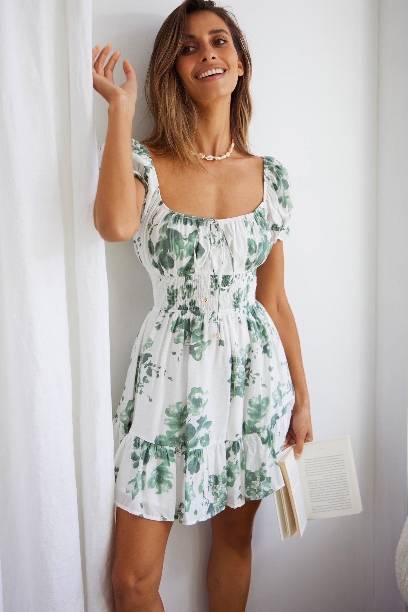 Amilie Shirred Waist Sundress Floral Print White/Olive by Selfie Leslie