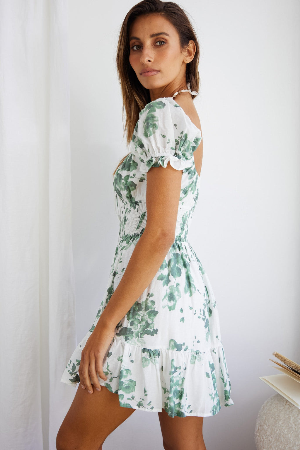 Amilie Shirred Waist Sundress Floral Print White/Olive by Selfie Leslie