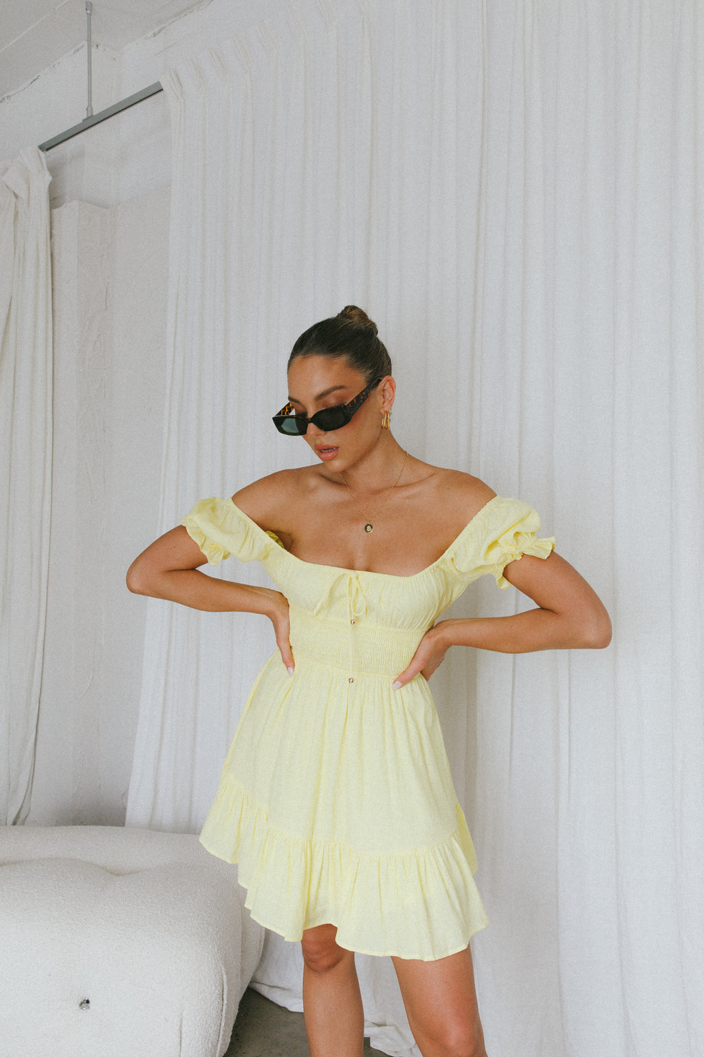 Amilie Shirred Waist Sundress Lemon by Selfie Leslie Australia