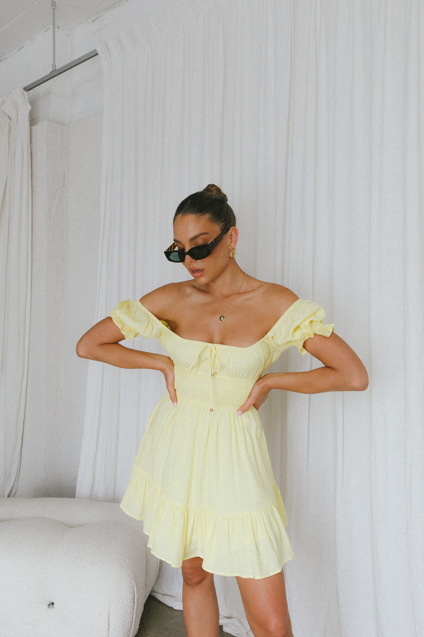 Amilie Shirred Waist Sundress Lemon by Selfie Leslie Australia