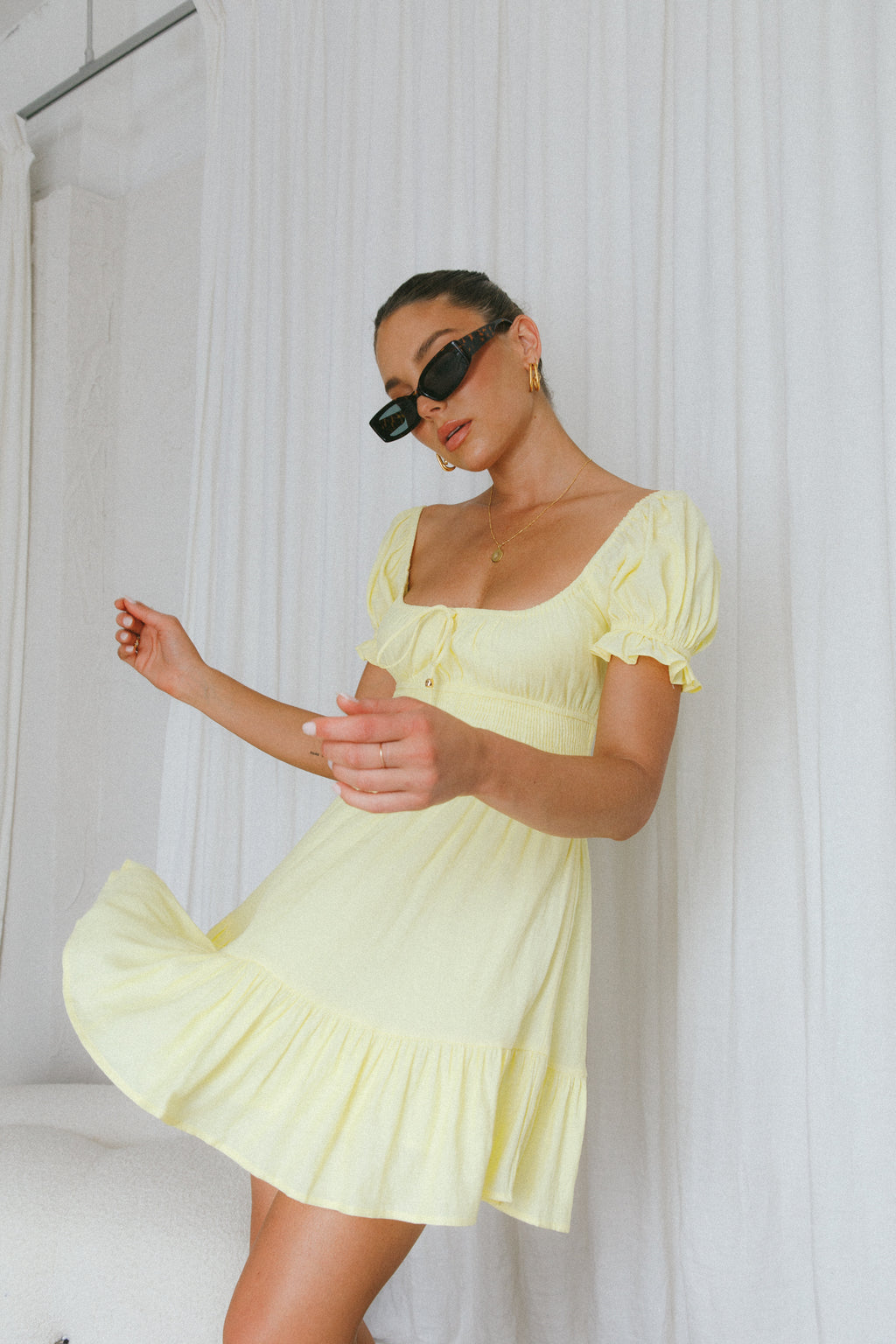 Amilie Shirred Waist Sundress Lemon by Selfie Leslie Australia