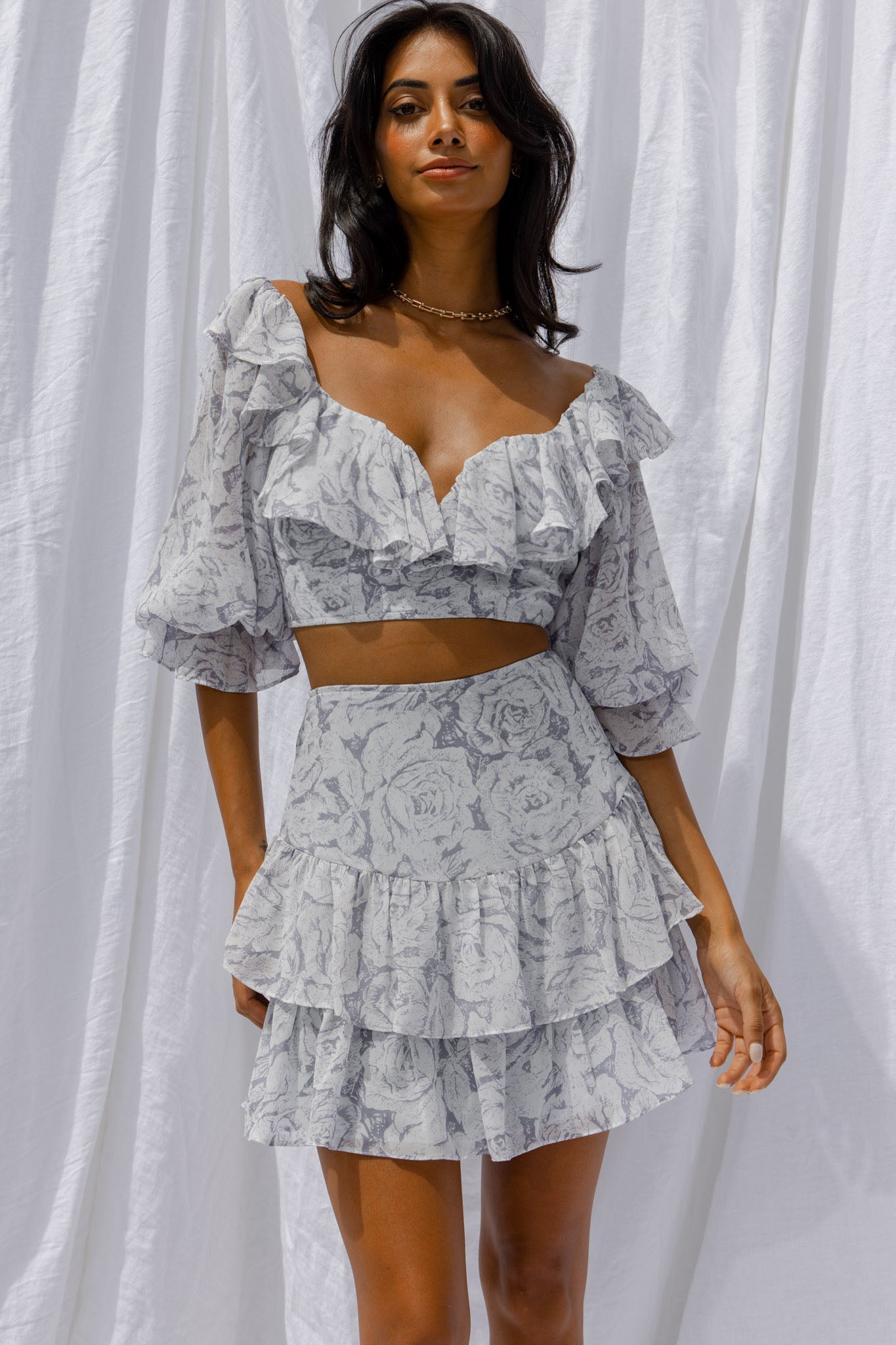 Kiss And Tell Double Layered Flounce Hem Skirt Rose Print Ink by Selfie Leslie