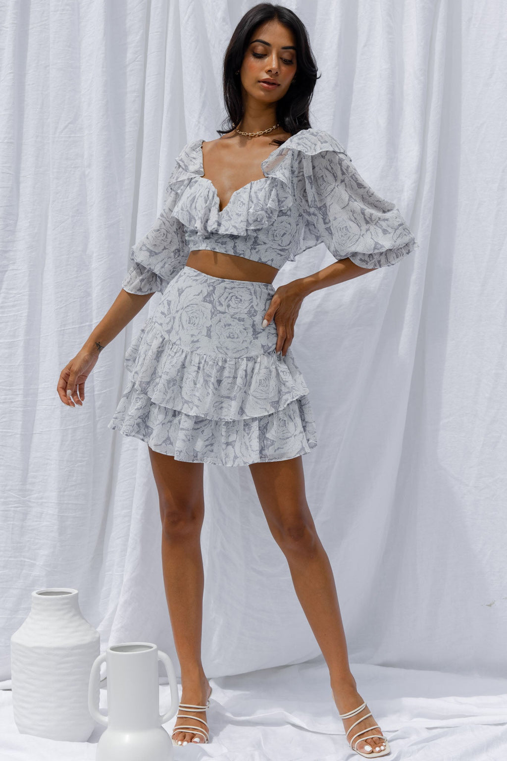 Kiss And Tell Ruffle Trim Balloon Sleeve Crop Top Rose Print Ink by Selfie Leslie