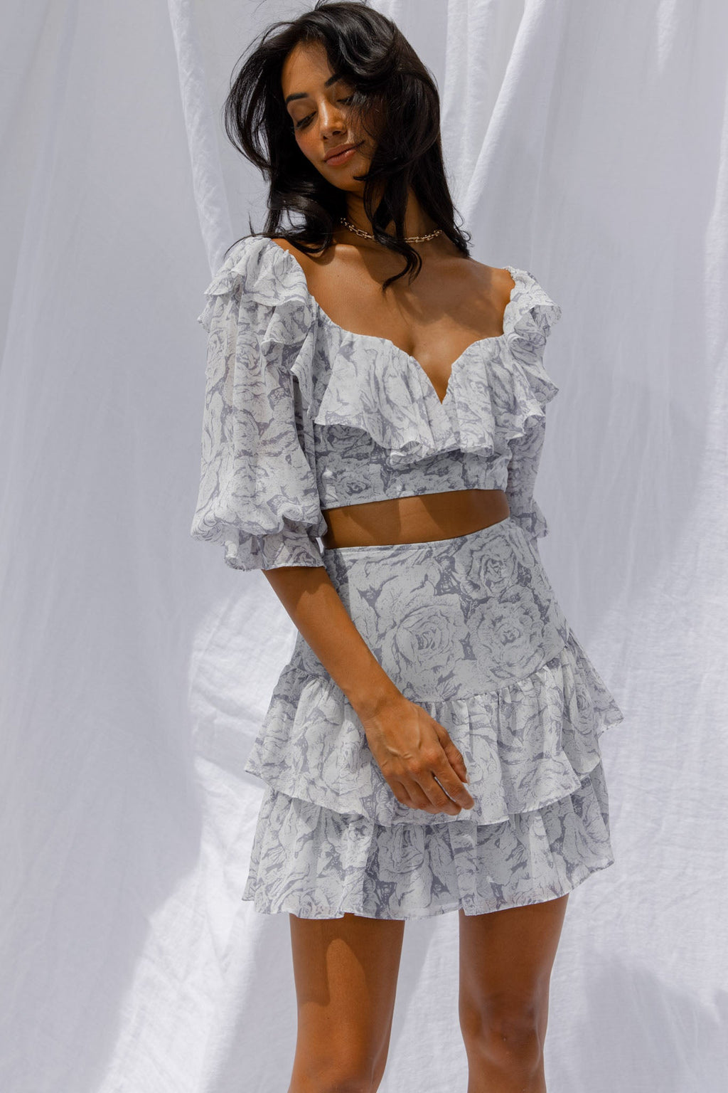 Kiss And Tell Ruffle Trim Balloon Sleeve Crop Top Rose Print Ink by Selfie Leslie