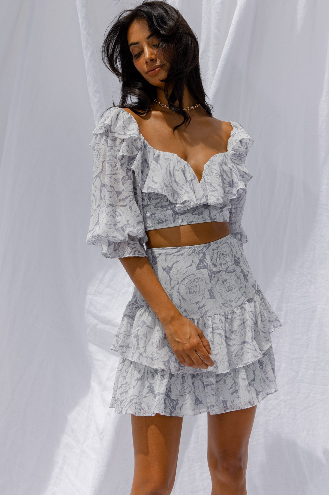 Kiss And Tell Ruffle Trim Balloon Sleeve Crop Top Rose Print Ink by Selfie Leslie