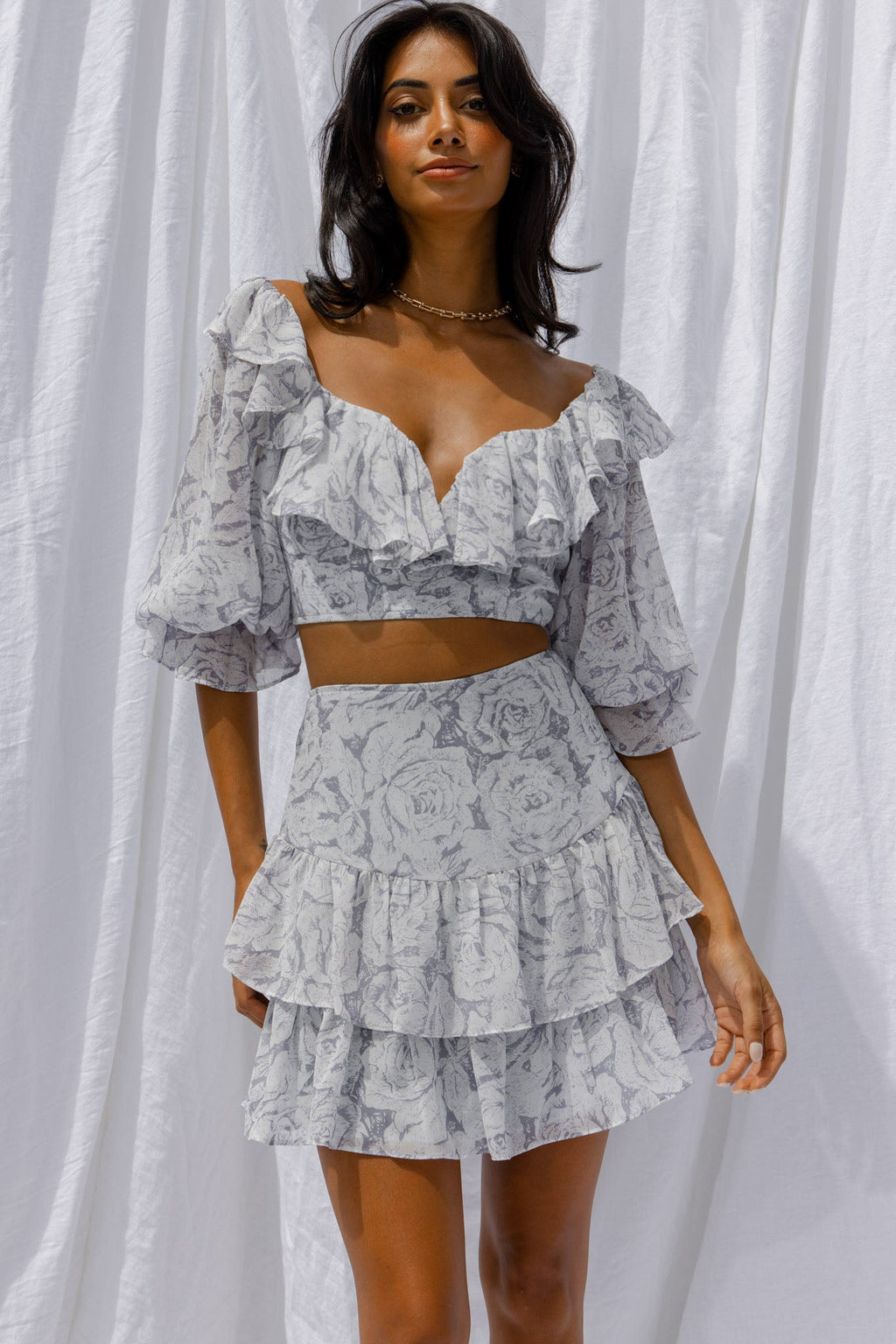 Kiss And Tell Ruffle Trim Balloon Sleeve Crop Top Rose Print Ink by Selfie Leslie