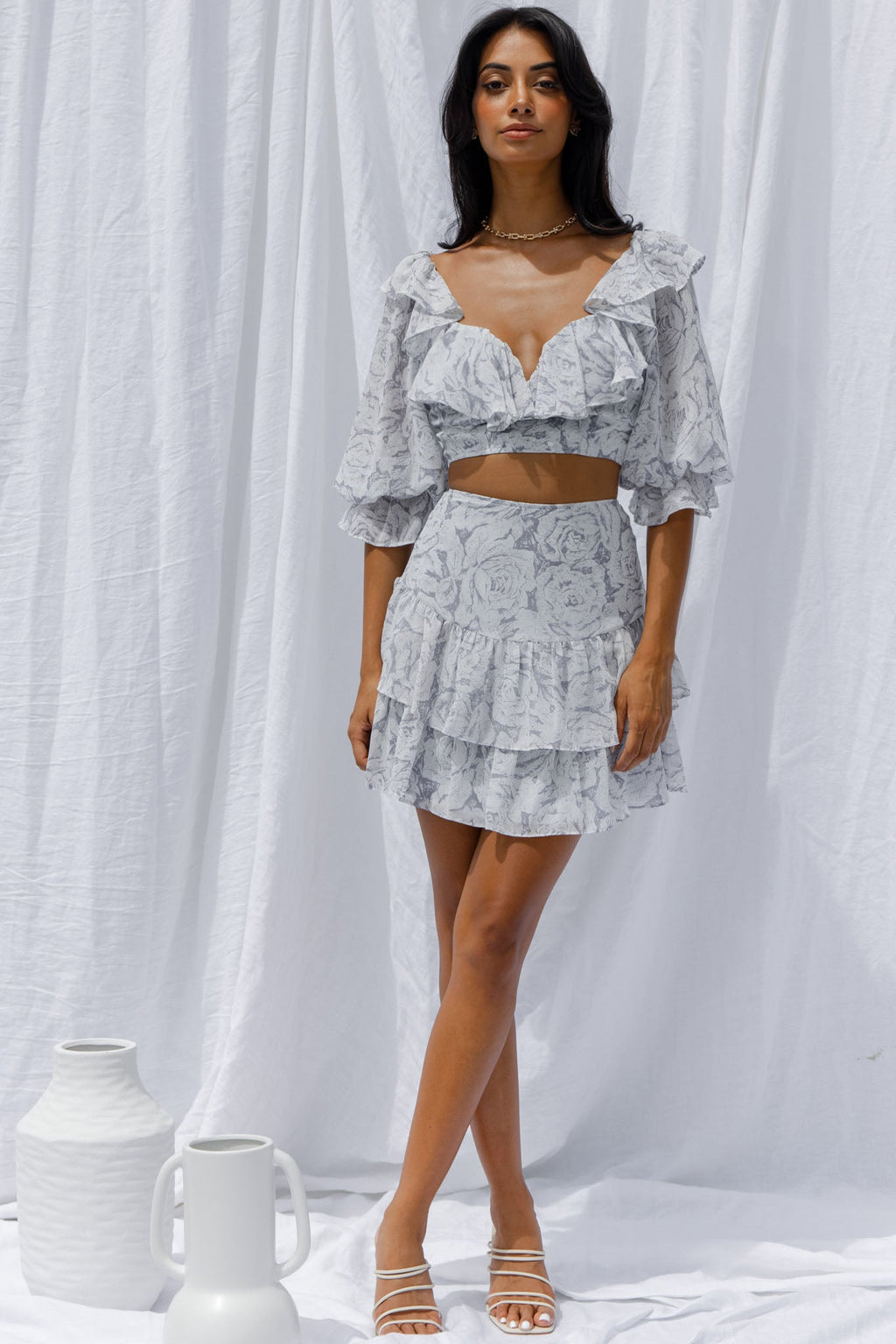 Kiss And Tell Ruffle Trim Balloon Sleeve Crop Top Rose Print Ink by Selfie Leslie