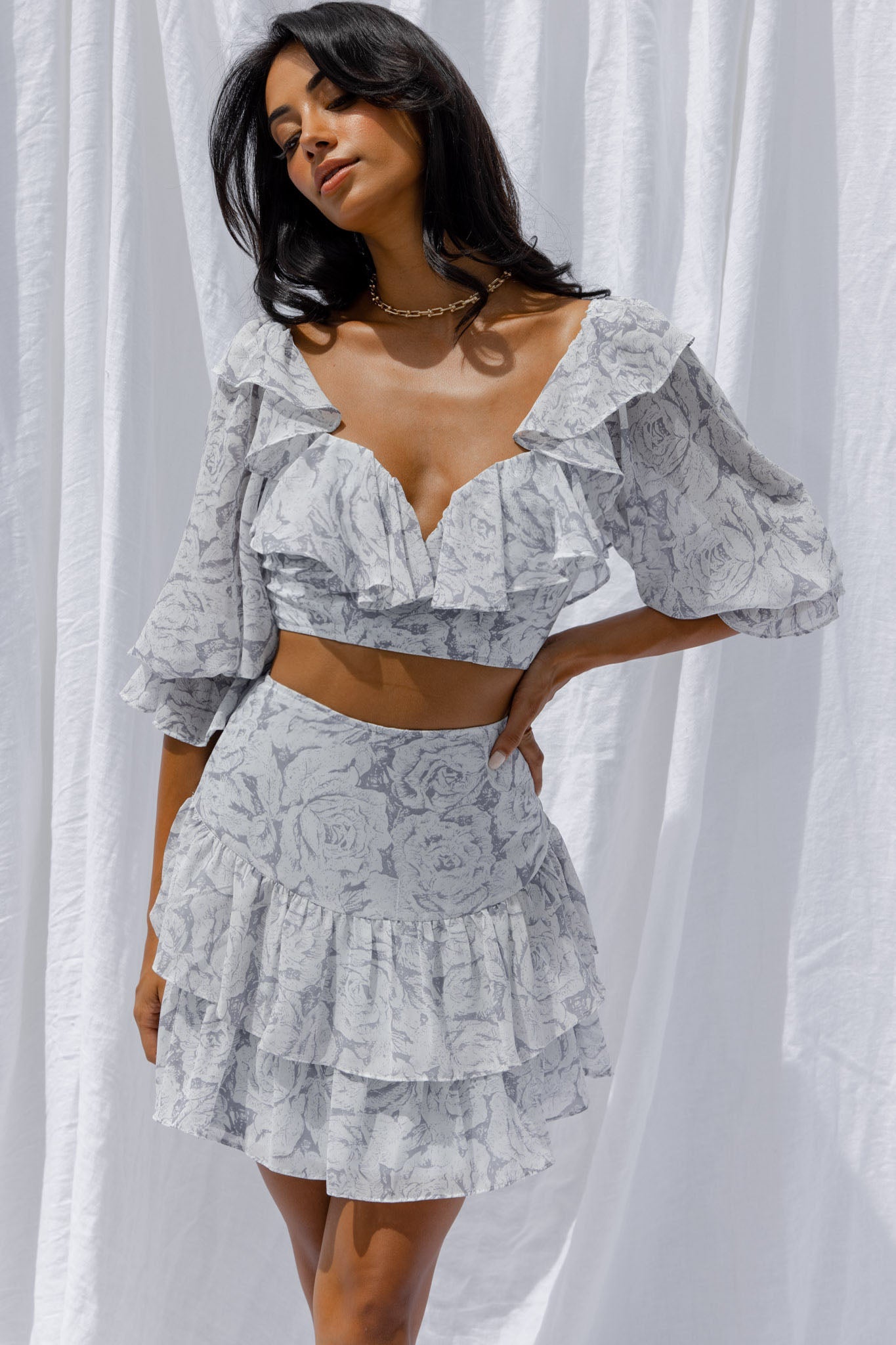 Kiss And Tell Ruffle Trim Balloon Sleeve Crop Top Rose Print Ink by Selfie Leslie