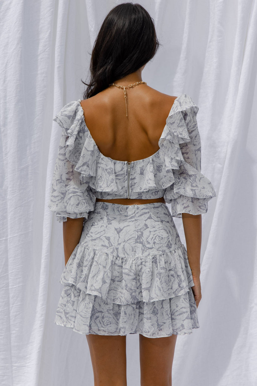 Kiss And Tell Ruffle Trim Balloon Sleeve Crop Top Rose Print Ink by Selfie Leslie