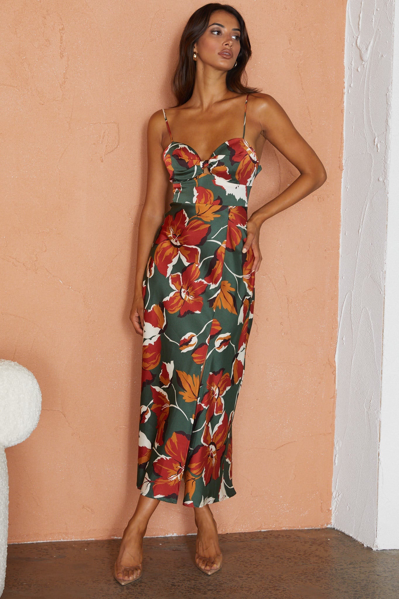 Missoula Cami Strap Padded Bust Midi Dress Floral Print Green by Selfie Leslie