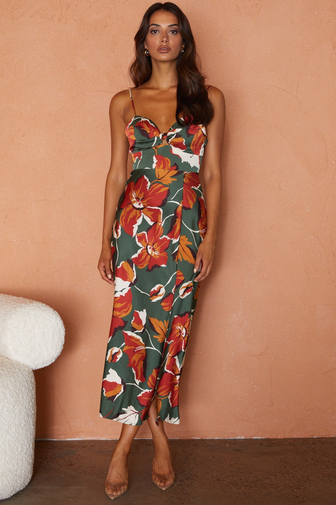 Missoula Cami Strap Padded Bust Midi Dress Floral Print Green by Selfie Leslie