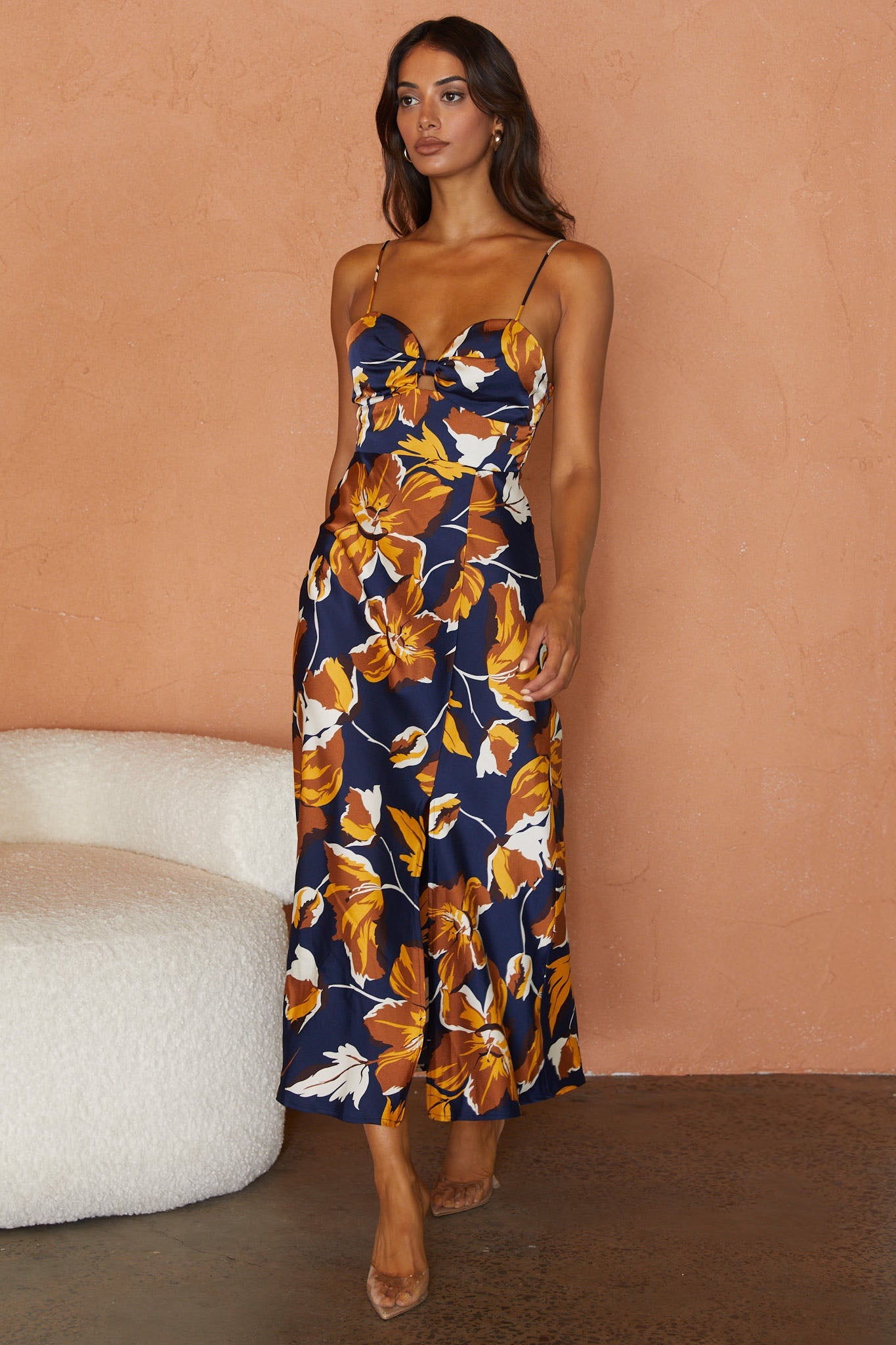 Missoula Cami Strap Padded Bust Midi Dress Floral Print Navy by Selfie Leslie