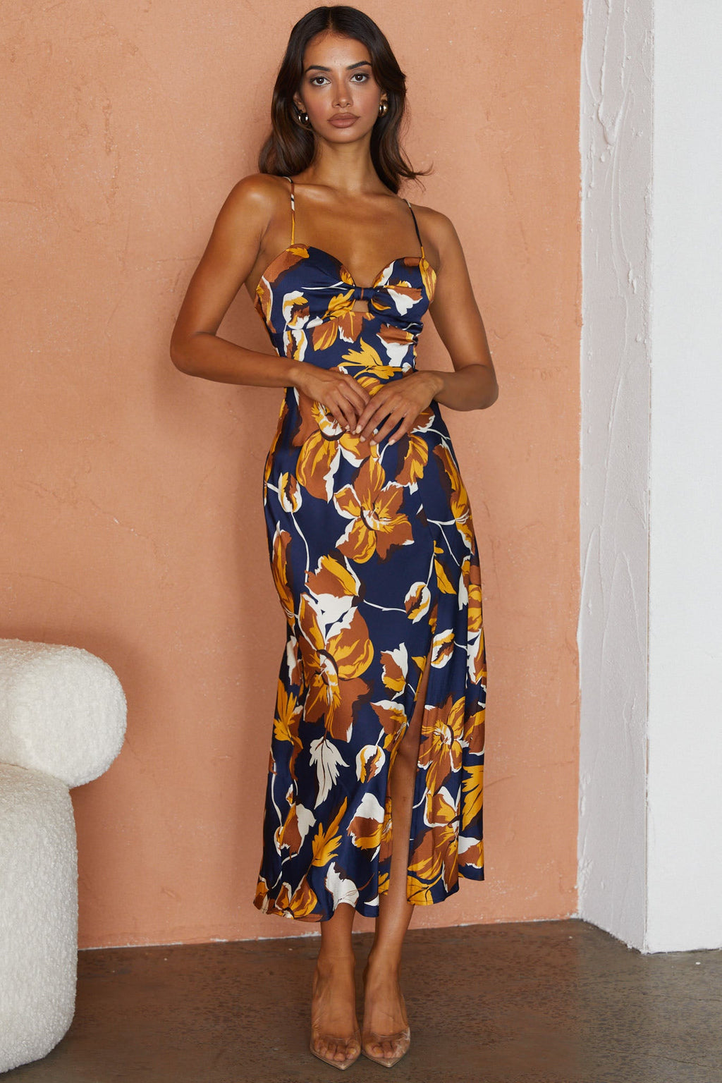 Missoula Cami Strap Padded Bust Midi Dress Floral Print Navy by Selfie Leslie