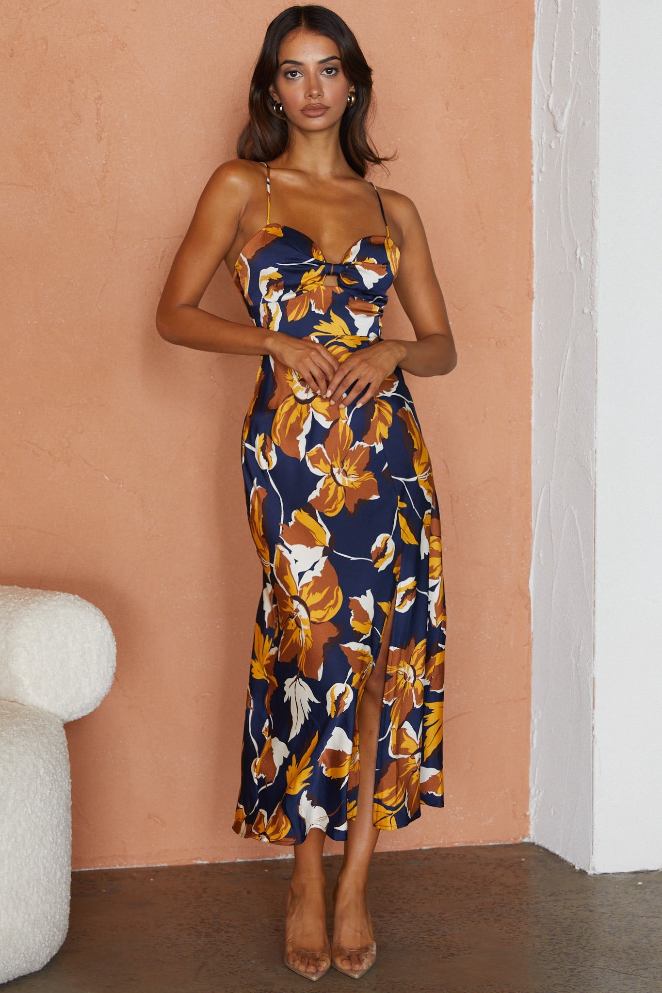 Missoula Cami Strap Padded Bust Midi Dress Floral Print Navy by Selfie Leslie
