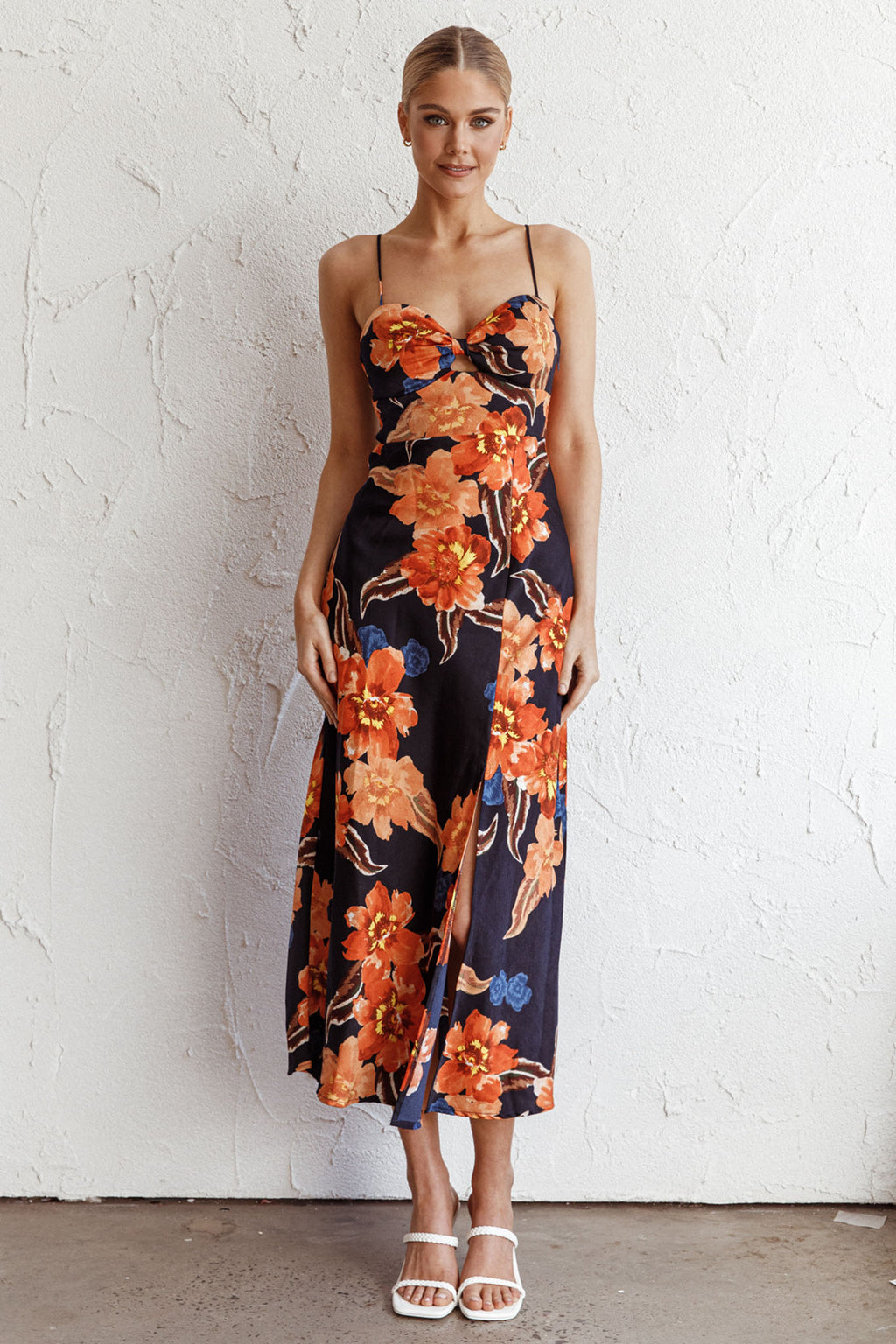 Missoula Cami Strap Padded Bust Midi Dress Flower Orange by Selfie Leslie Australia