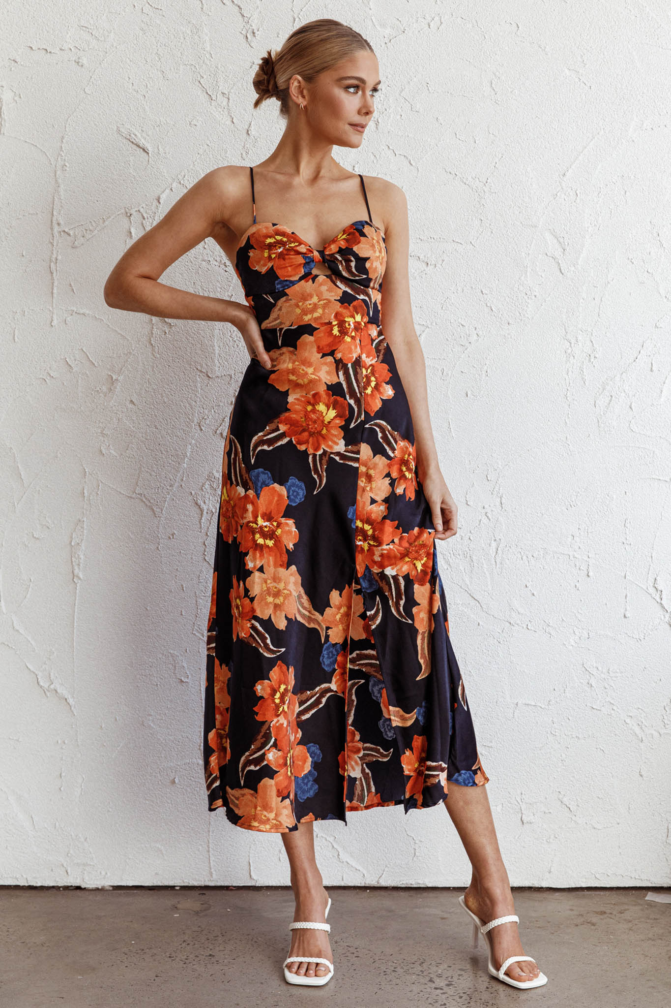 Missoula Cami Strap Padded Bust Midi Dress Flower Orange by Selfie Leslie Australia